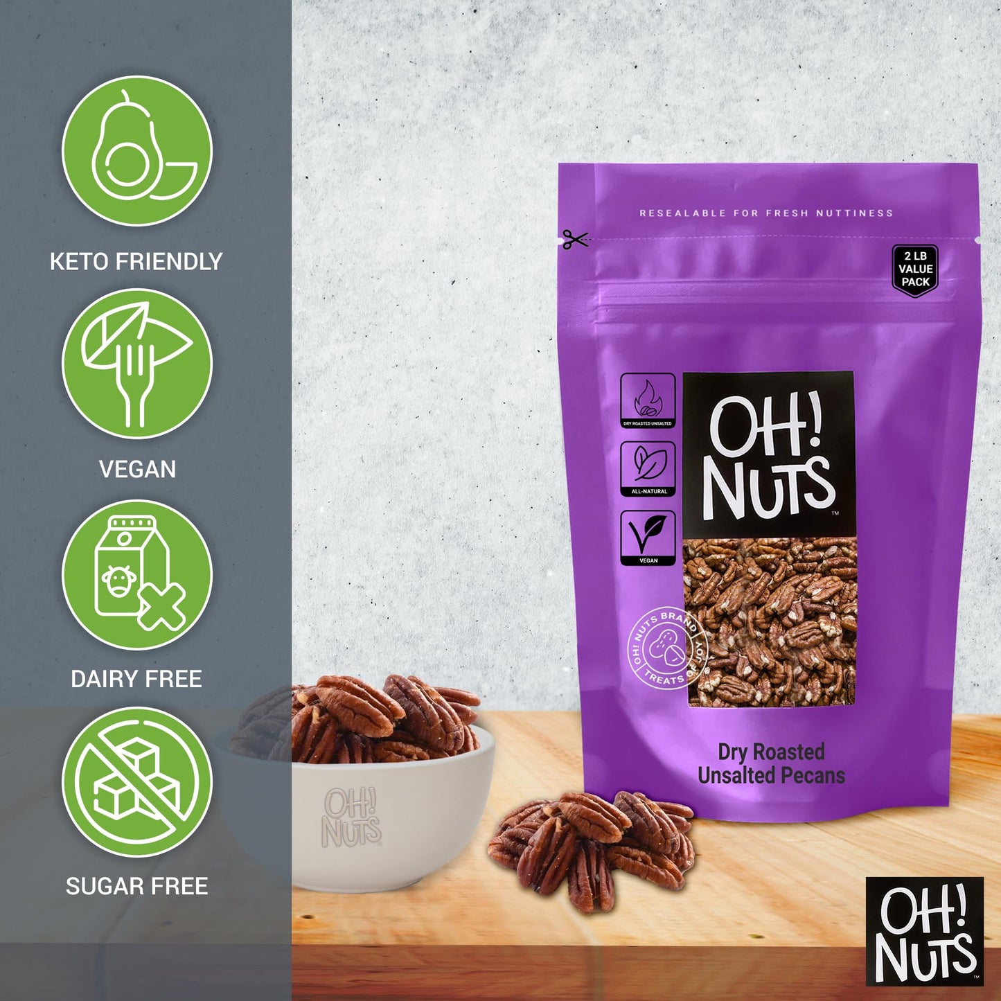Oh! Nuts Pecans Dry Roasted Unsalted - Kosher, Oil-Free, All Natural Pecans - For Baking, Snacks, Salad, Dressing - Packed in 2