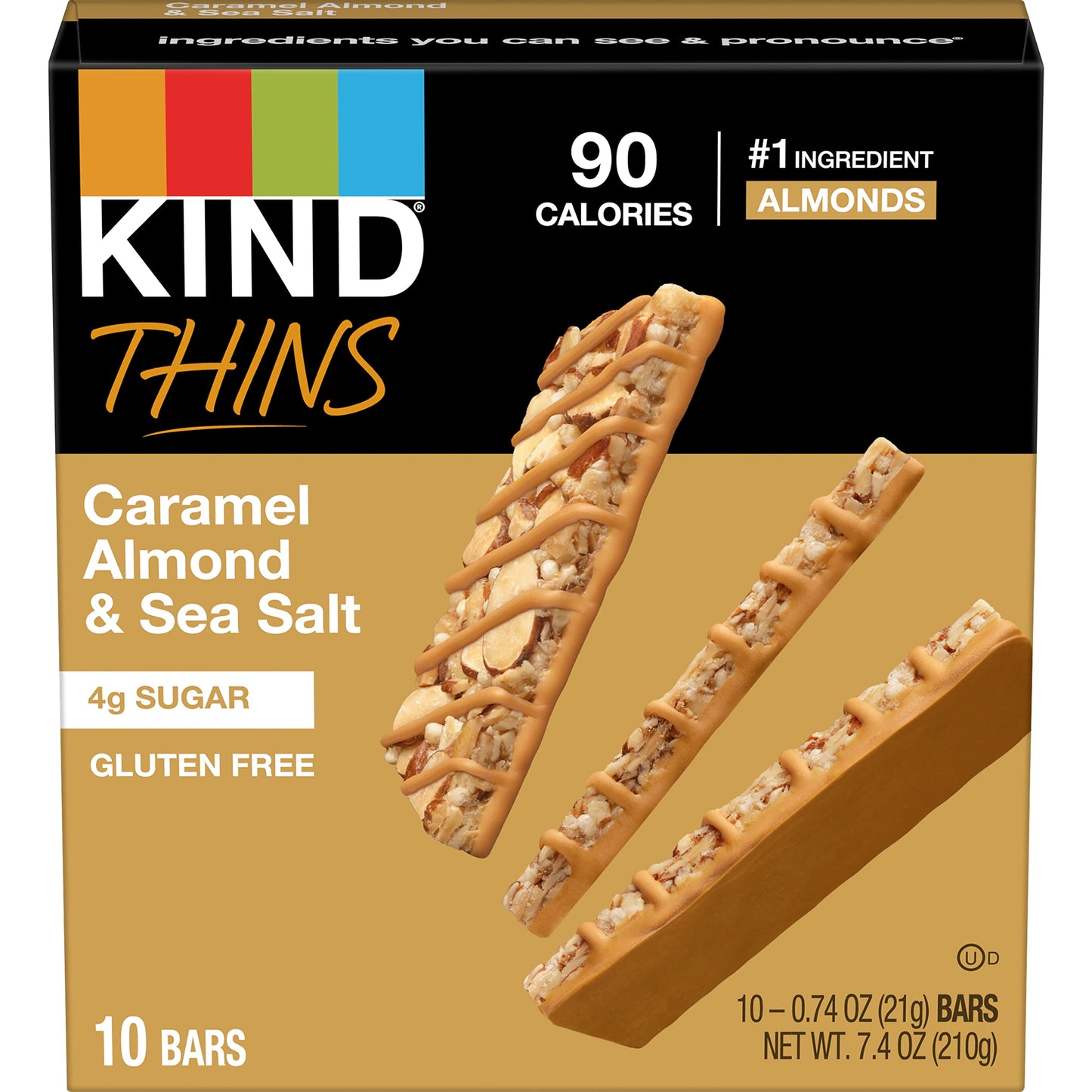 KIND THINS Caramel Almond & Sea Salt Bars  0.74 Ounce  Gluten Free  4g Sugar  10 Count (Pack of 6)
