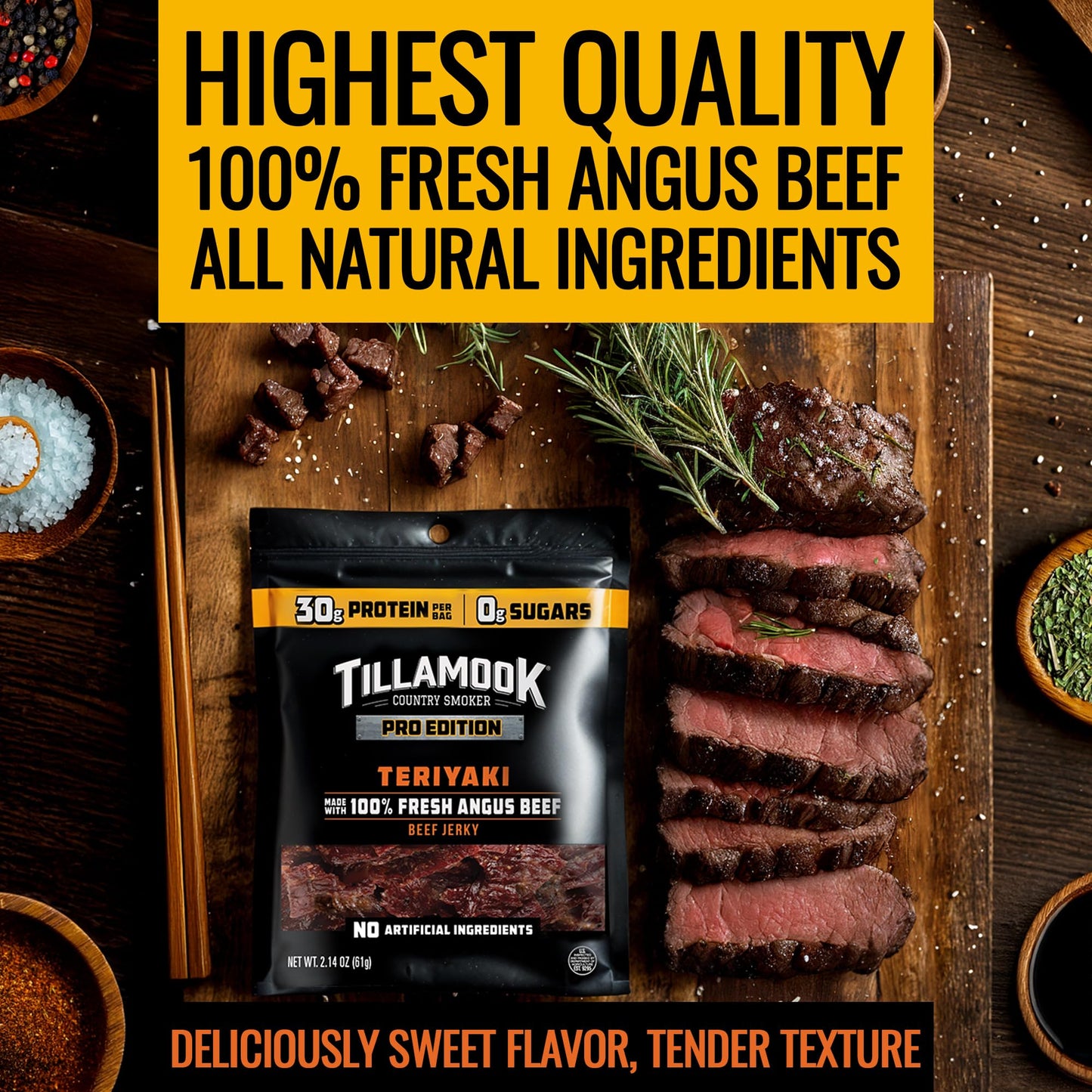 TILLAMOOK COUNTRY SMOKER Beef Jerky, Zero Sugar Teriyaki, 2.14 Oz (3 Pack), Low Carb, High Protein, Gluten Free Snack