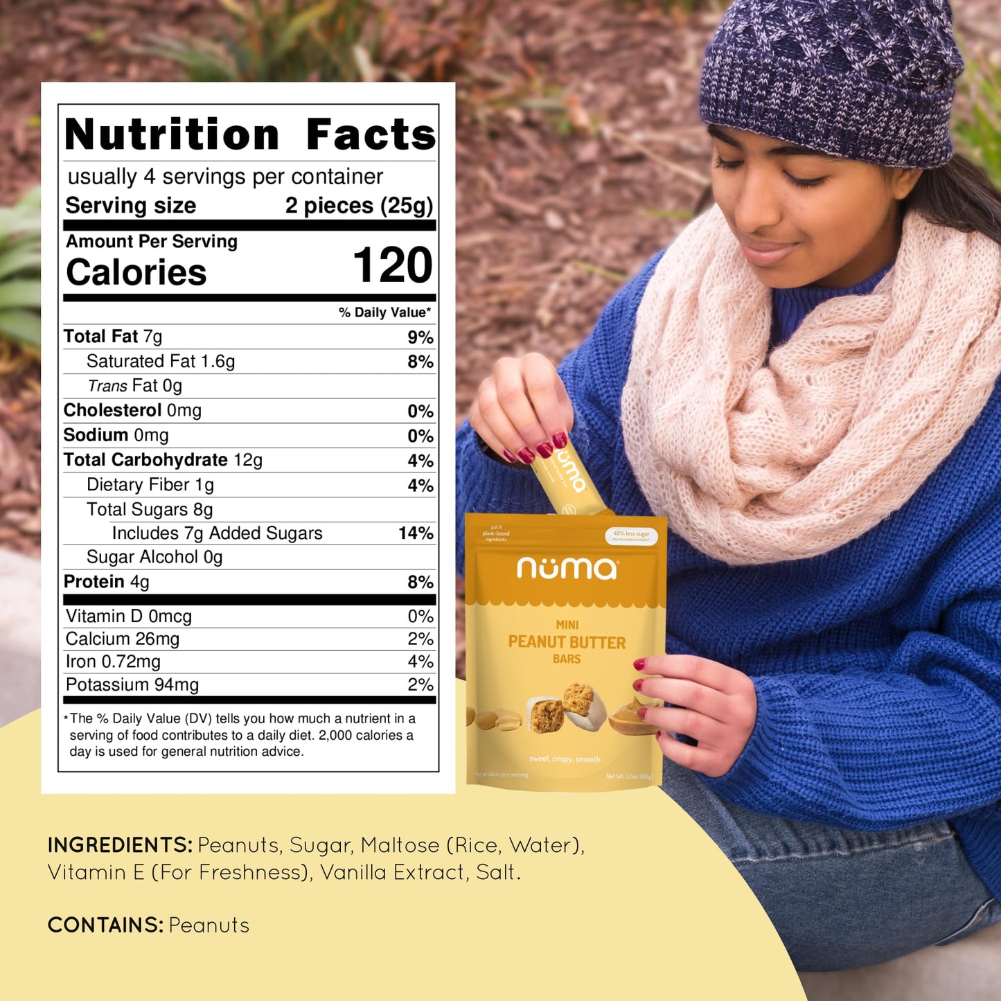 Numa Foods Mini Peanut Butter Bars - Vegan, Low Sugar, High Protein, All Natural, Gluten Free - Crunchy Plant Based Peanut Butte