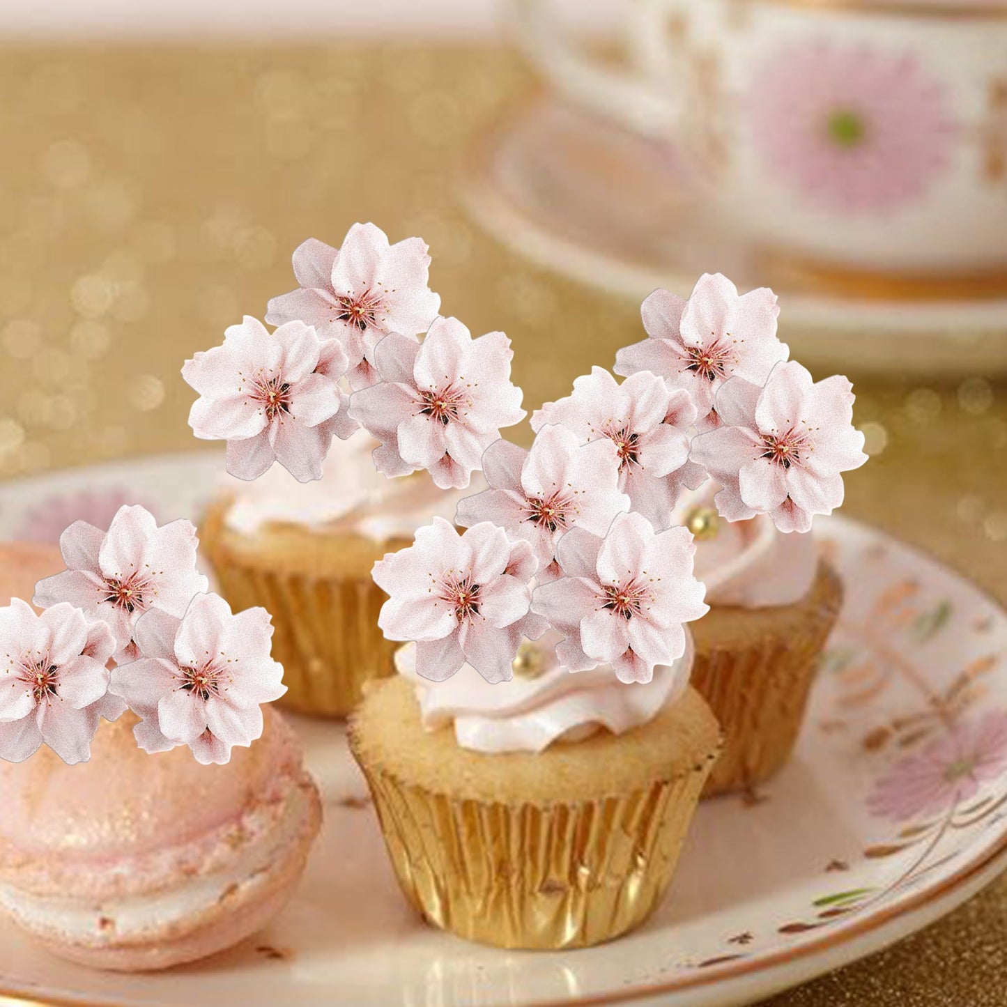 YCTHUNFISH Edible Cherry Blossom Cupcake Toppers - 40 Pack, Light Pink, Rice Paper Wafer Picks for Cake Decorations