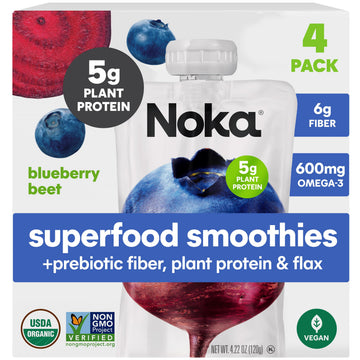 Noka Superfood Smoothie Pouches (Blueberry Beet) 4 Pack, with Plant Protein, Prebiotic Fiber & Flax Seed, Organic, Gluten Free, 