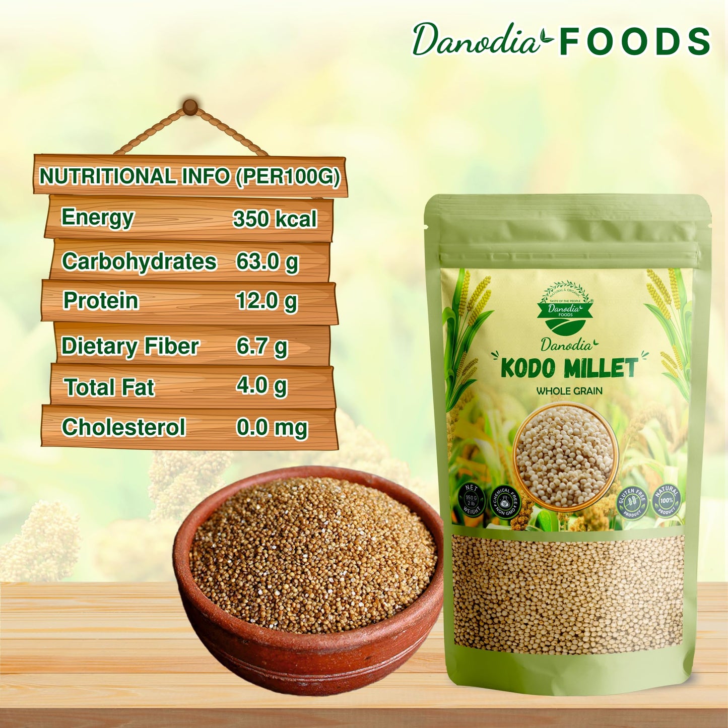 Danodia Foods Organic Kodo Millet - Unpolished Whole Grain, Gluten-Free, Vegan - 2 lbs (950g)