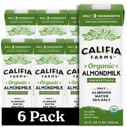 Califia Farms - Organic Unsweetened Almond Milk, 32 Oz (Pack of 6), Dairy Free, Vegan, Plant Based, Keto, Vegan, Gluten Free, No