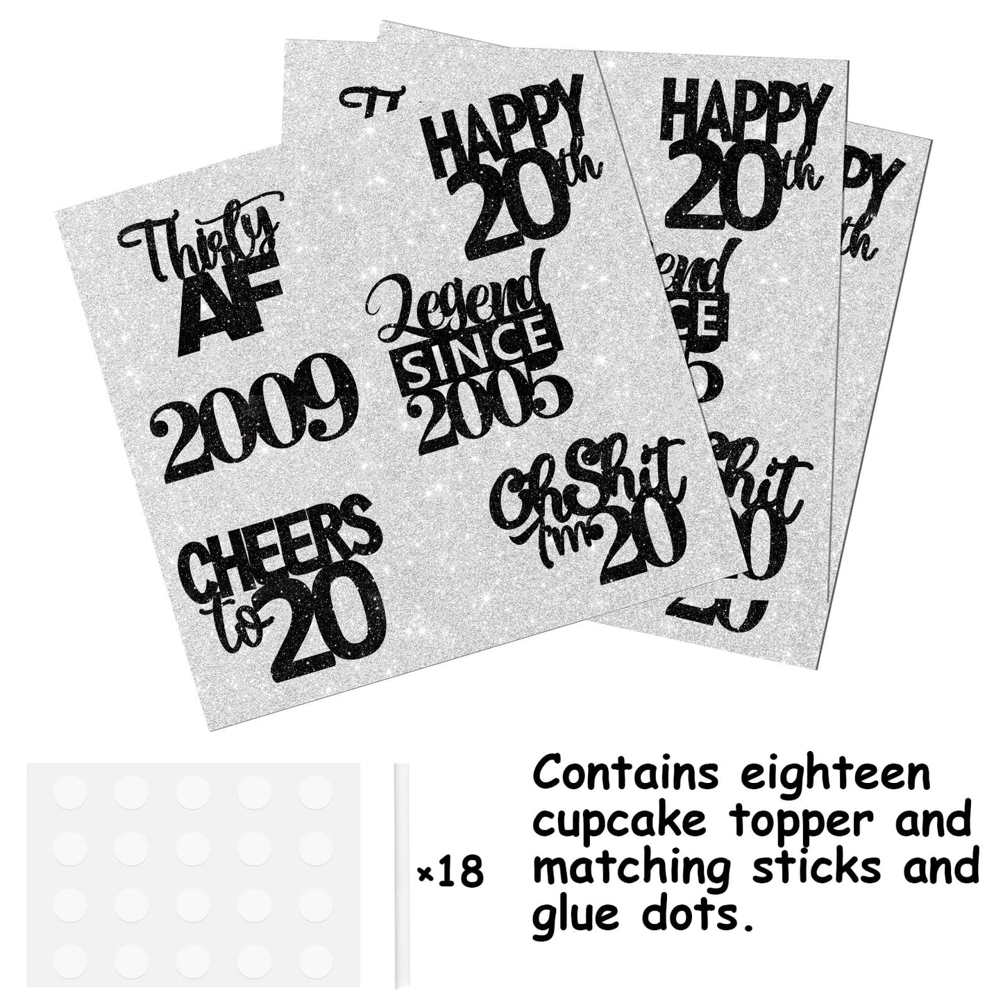 18Pcs Black Glitter Happy 20Th Dessert Cupcake Topper Pick For Funny Legend Since 2005 Theme Decor Supplies Men Women Happy 20 B