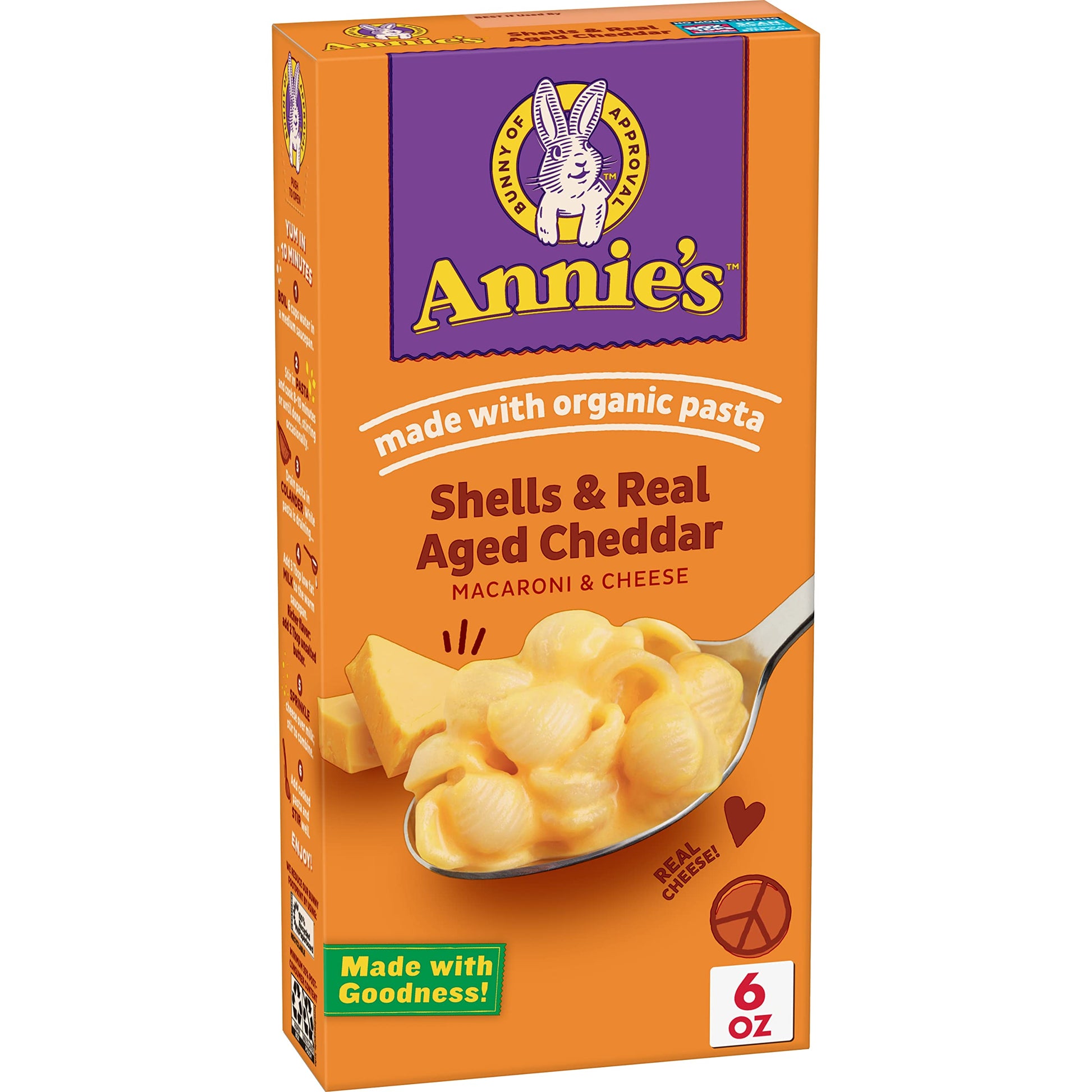Annies Shells and Real Aged Cheddar Mac and Cheese with Organic Pasta, Made with Real Cheese, Dinner Side or Snacks, 6 oz