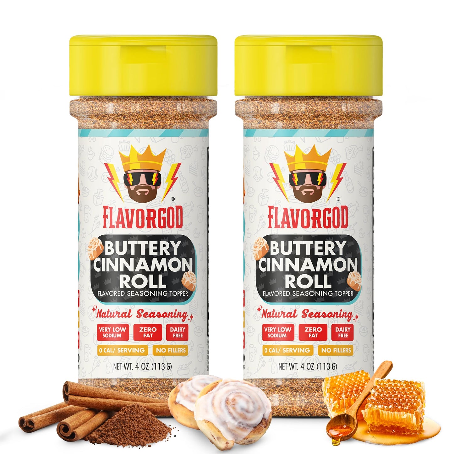Flavor God 2 Bottles Buttery Cinnamon Roll Seasoning Topper Mix, Natural Healthy Blend, Bread, Pudding, Coffee Sprinkles, Oatmea