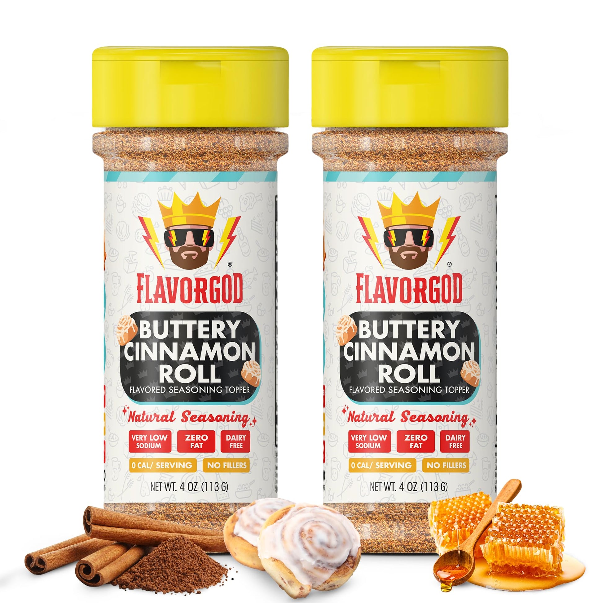 Flavor God 2 Bottles Buttery Cinnamon Roll Seasoning Topper Mix, Natural Healthy Blend, Bread, Pudding, Coffee Sprinkles, Oatmea