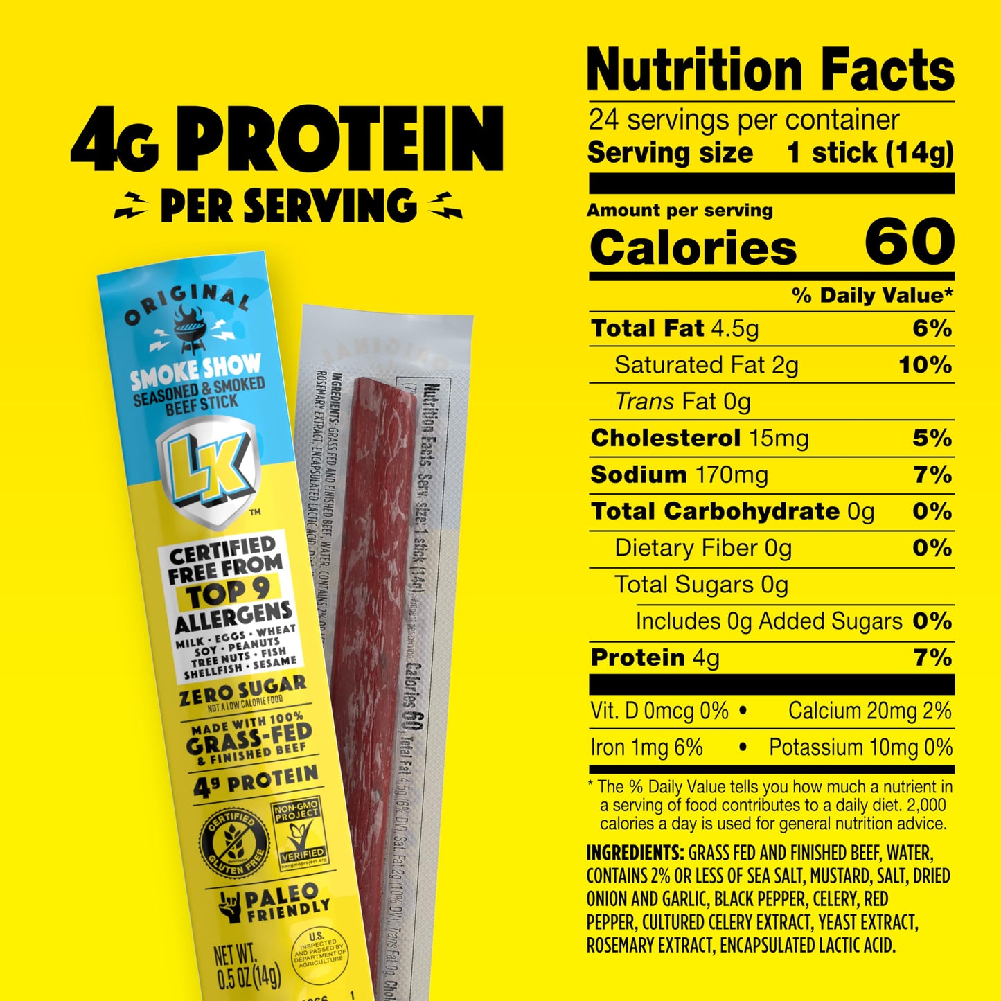 Lorissas Kitchen Beef Jerky Mini Sticks  enhanced Grass Fed & Finished  Original Smoke Show Flavor - 4g Protein  Stocking Stuffers  Free from Top 9 Allergens  Non-GMO  Gluten-Free  0.5 Oz (24 Count)