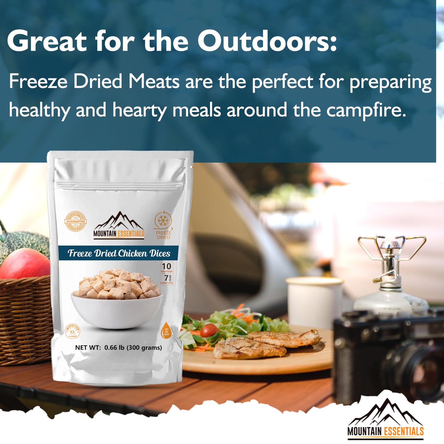 Mountain Essentials Freeze-Dried Diced Chicken – Fully Cooked And Ready To Eat | Everyday Pantry Staple For Meal Prep, Camping & Emergency Survival | Enhanced Quality Meat | 10 Servings Per Pouch | Made In Usa | 7-Year Shelf Life | Pack Of 1