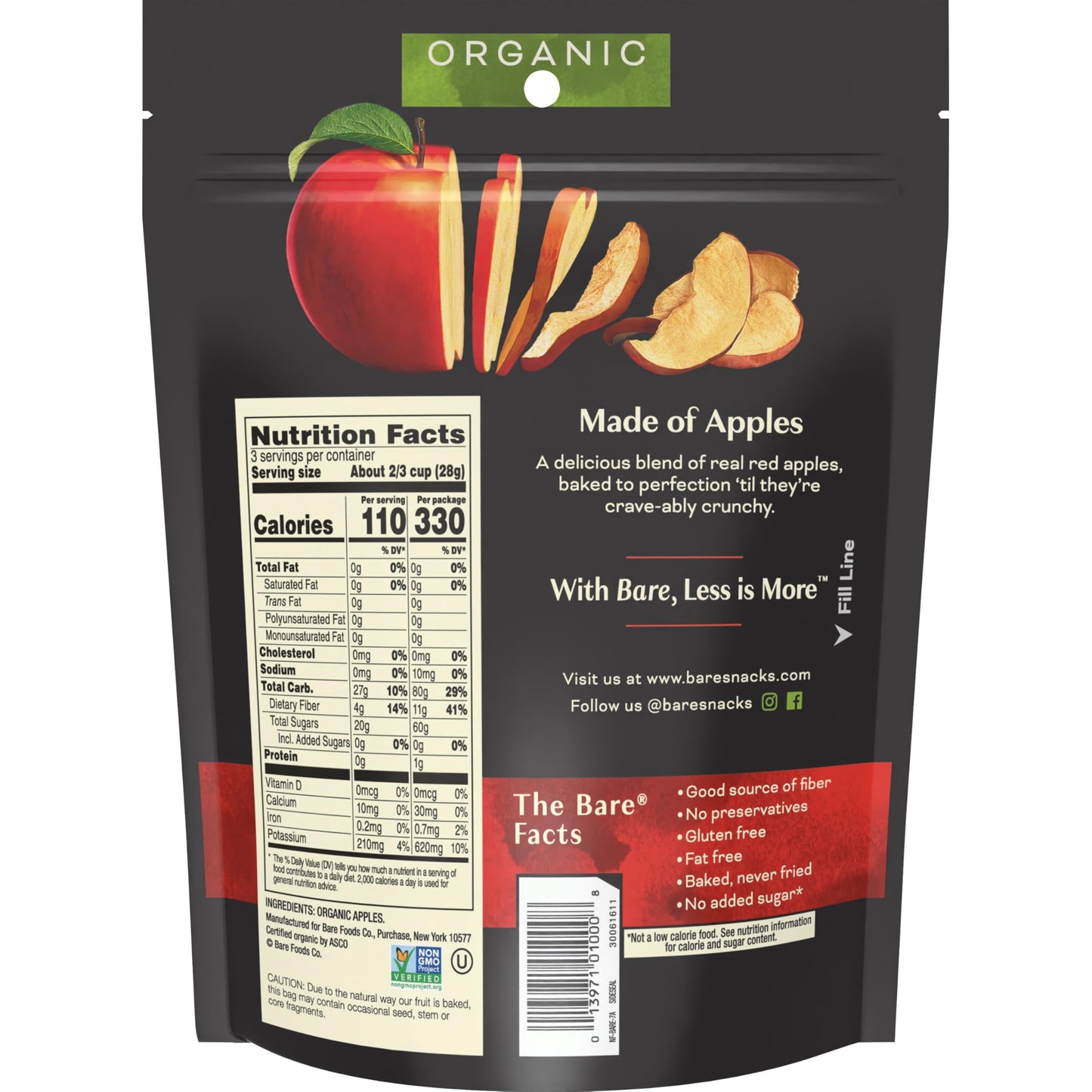 Bare Gluten Free Organic Apple Chips Fuji And Red 3.3 Ounce