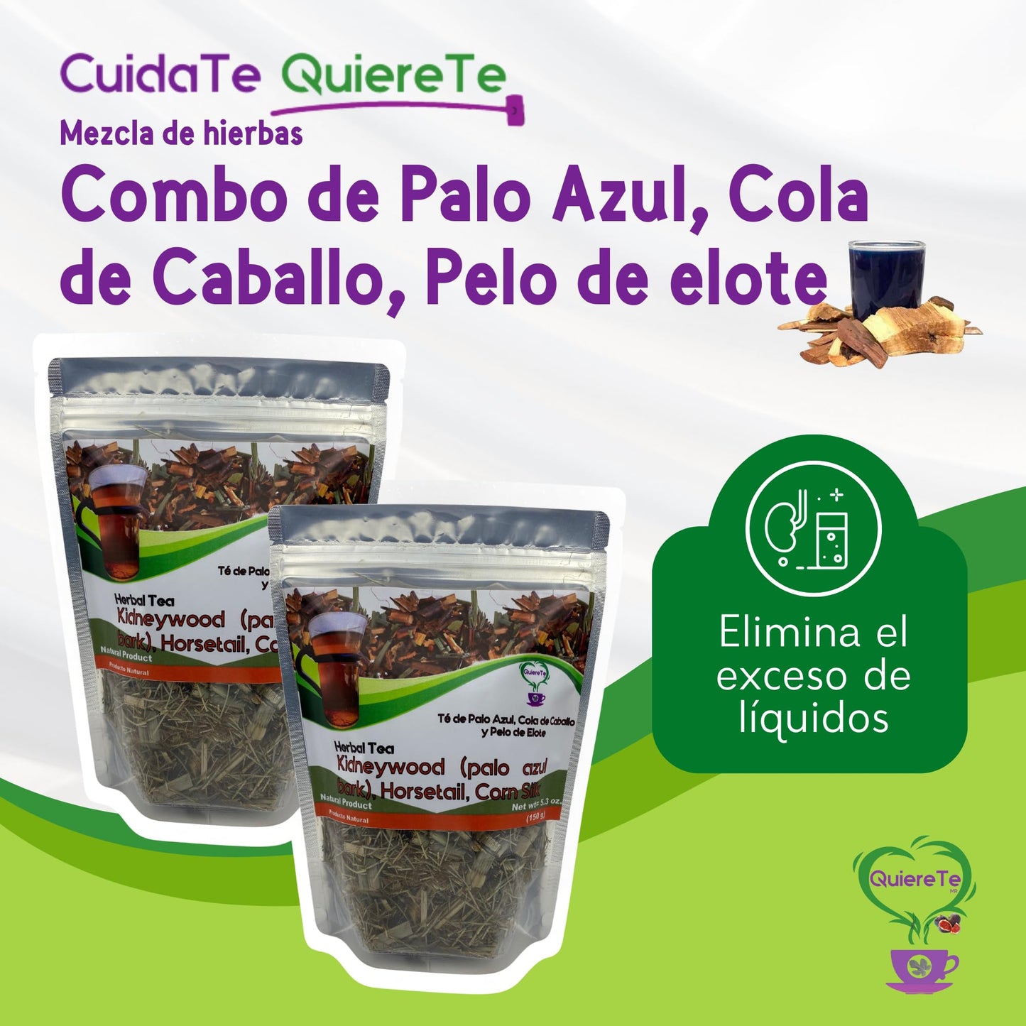 Quiere Te Palo Azul Herbal Tea, 5.3 oz (150g), Pack of 2 Bags, 100% Natural, Resealable Bag, Product of Mexico
