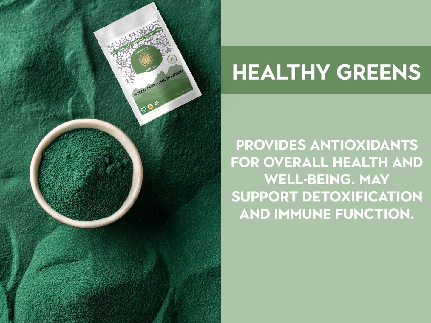 Ancient Roots Green Spirulina Powder - Freeze-Dried, All-Natural, 10.5 Ounces (75 Servings), Resealable Pouch