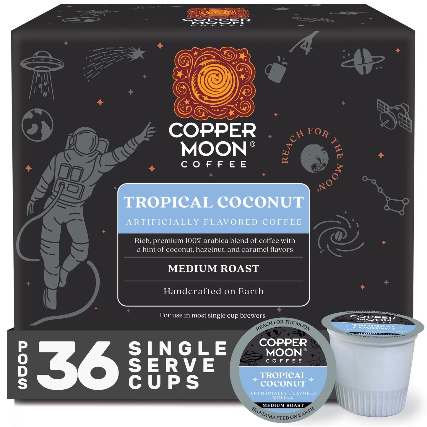 Copper Moon Medium Roast Coffee Pods, Tropical Coconut Blend, 36 Count (Pack of 3) for Keurig K-Cup Brewers