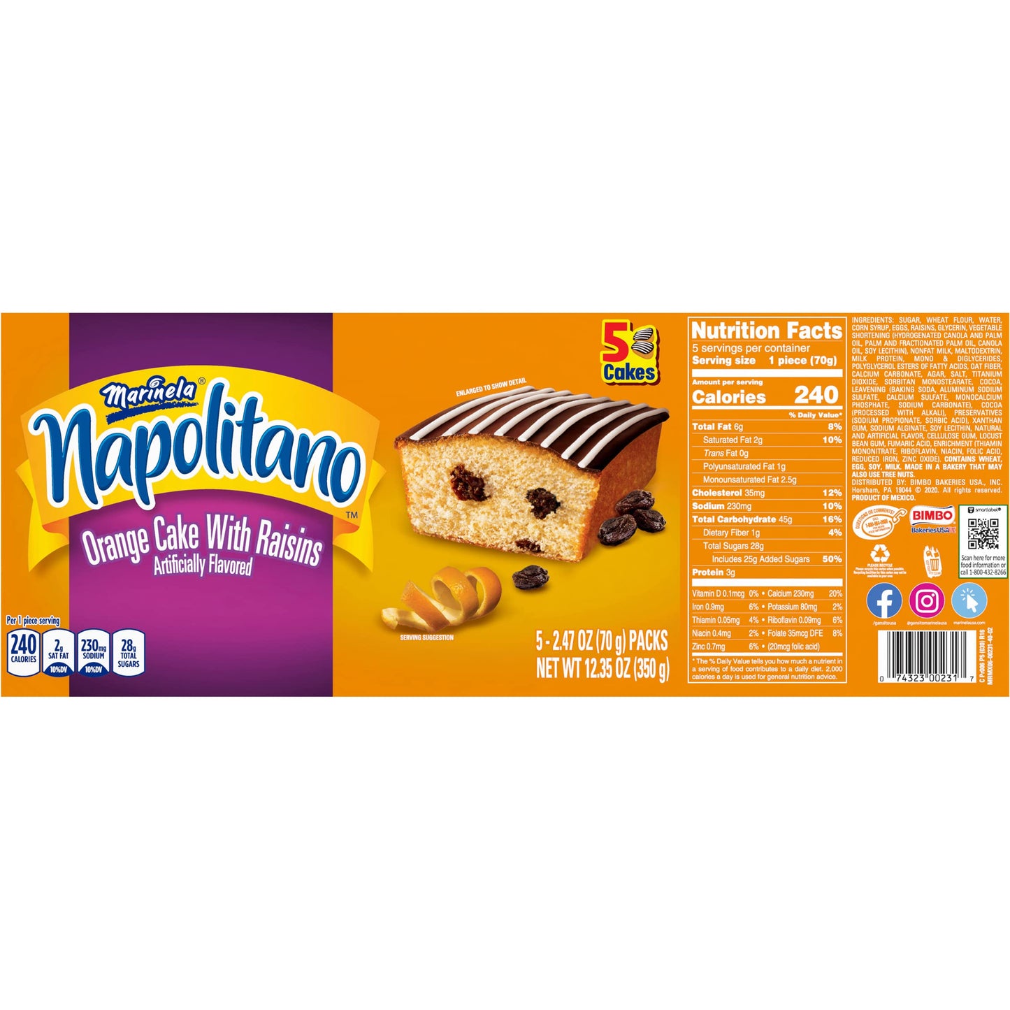 Marinela Napolitano Orange Cake With Raisins, 5 Individual Packs, (2.47 Oz Each), Snack Cakes, 12.35 Oz Box