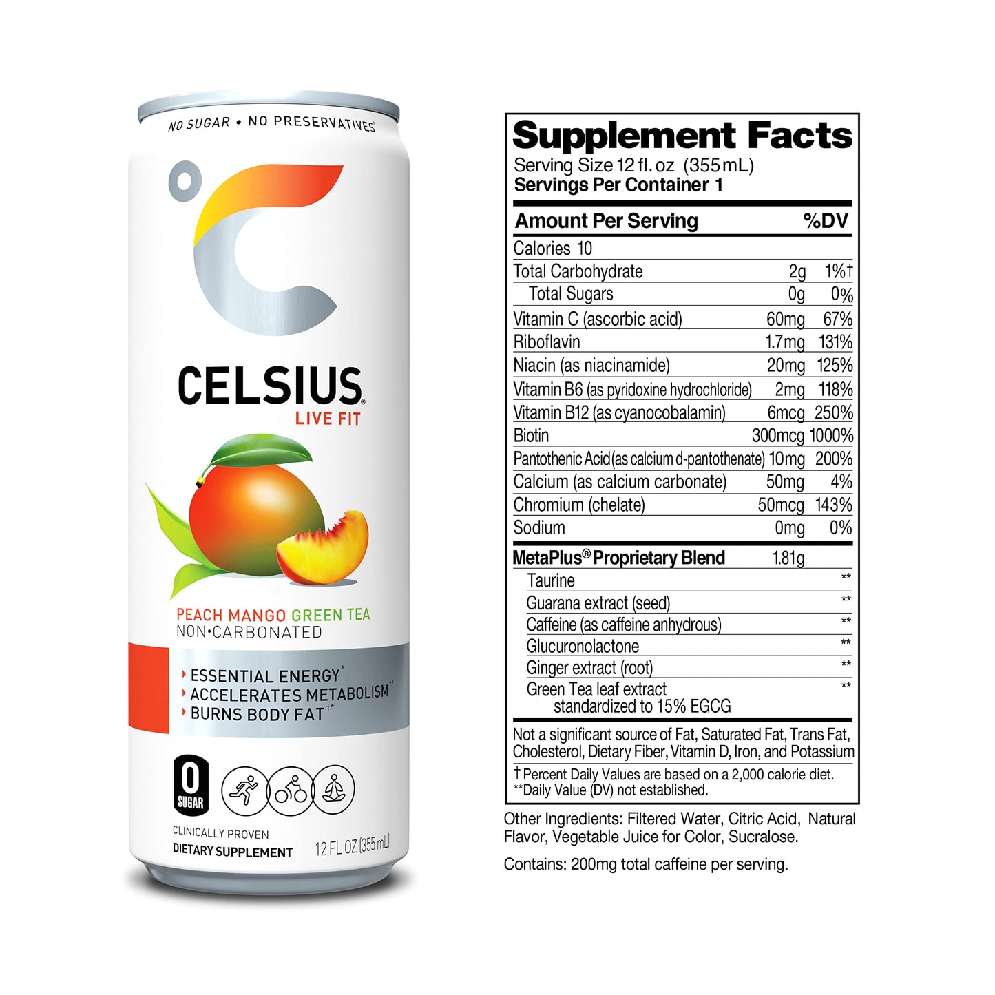 CELSIUS Fizz Free Peach Mango Green Tea  Sugar Free Energy Drink  12 Fl Oz (Pack of 4)