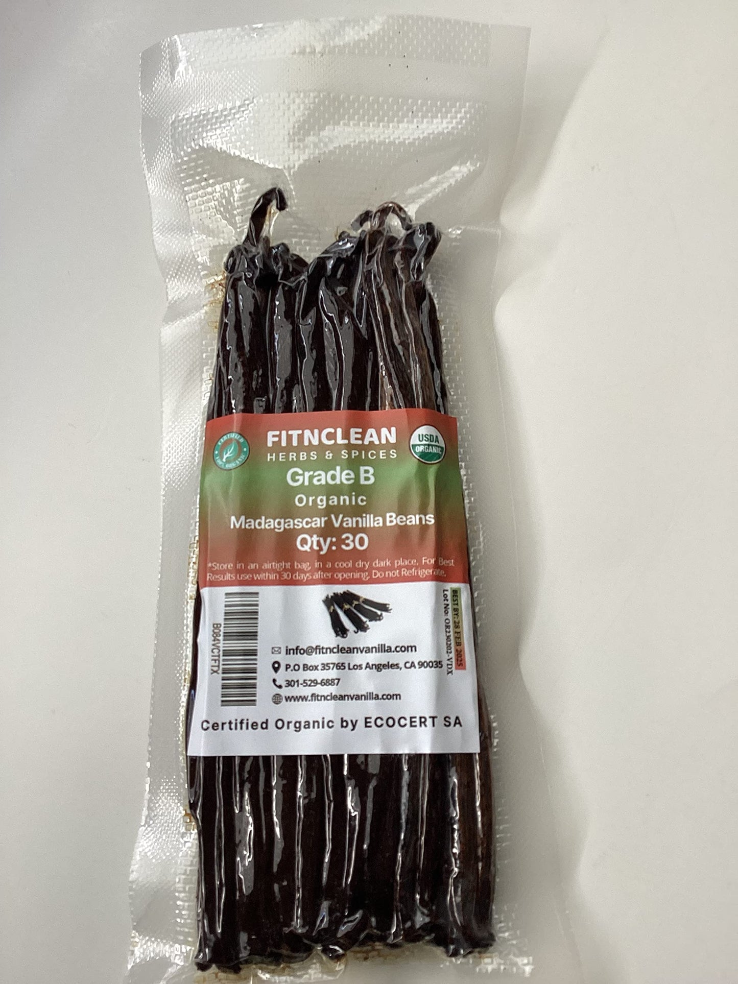 FITNCLEAN VANILLA 30 Madagascar Organic Vanilla Beans Grade B, USDA Organic, Bulk spirit-inspired flavor, 5-7 Non-GMO Pods