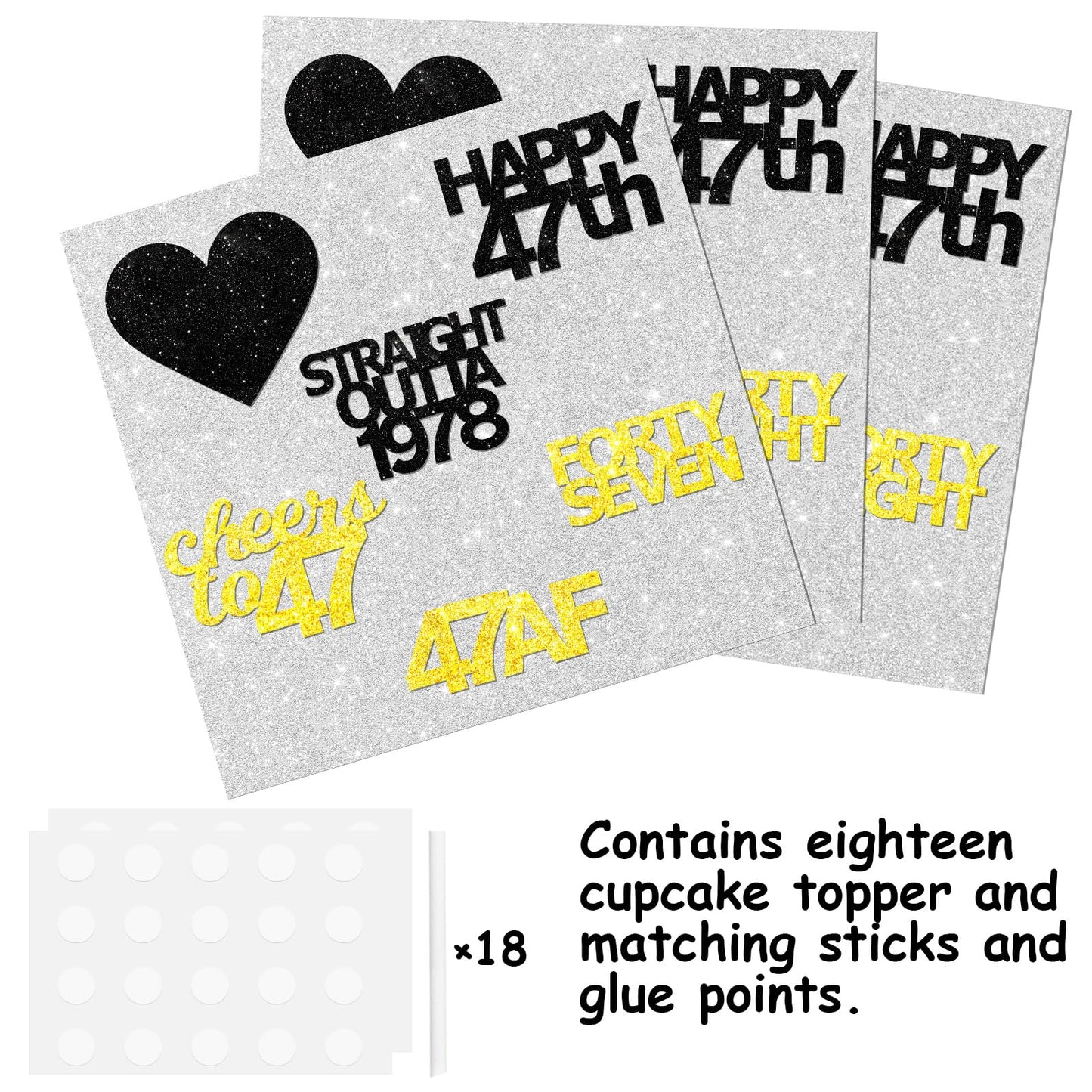 18Pcs Black Gold Glitter Dessert Cupcake Pick For Straight Outta 1978 Cheer To 47 Years Old Theme Decor Supplies Happy 47Th Birt