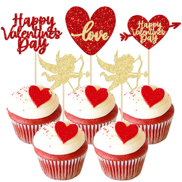 Gyufise 24 Pack Red Gold Glitter Happy Valentine Day Cupcake Toppers Love Heart Cupcake Toppers For Valentine Theme Wedding Enga