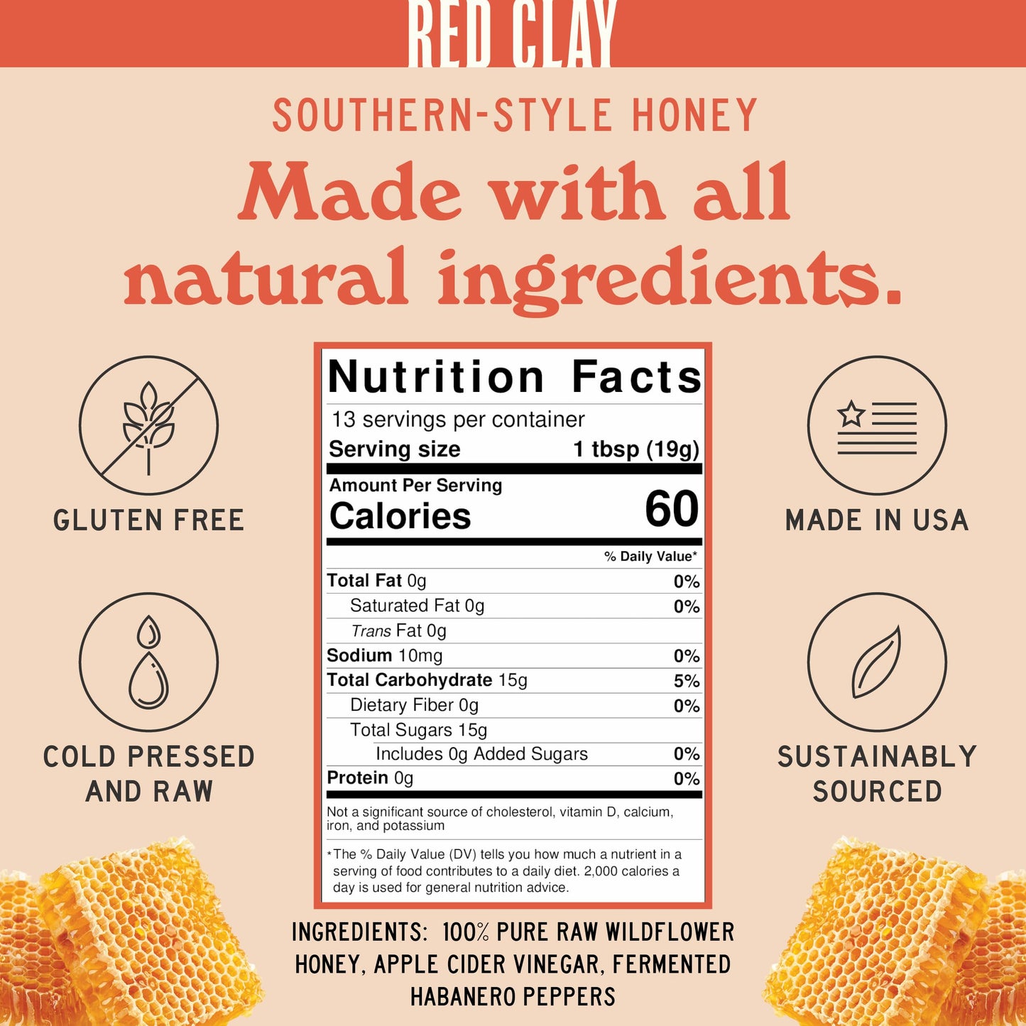 Red Clay Hot Honey - Gluten Free - Paleo Spicy Honey - 100% Pure, Raw Wildflower Honey - Infused Honey With Habanero Peppers - Sweet With A Kick Of Heat - Great For Spicy Pizza Topping & More - 9 Oz