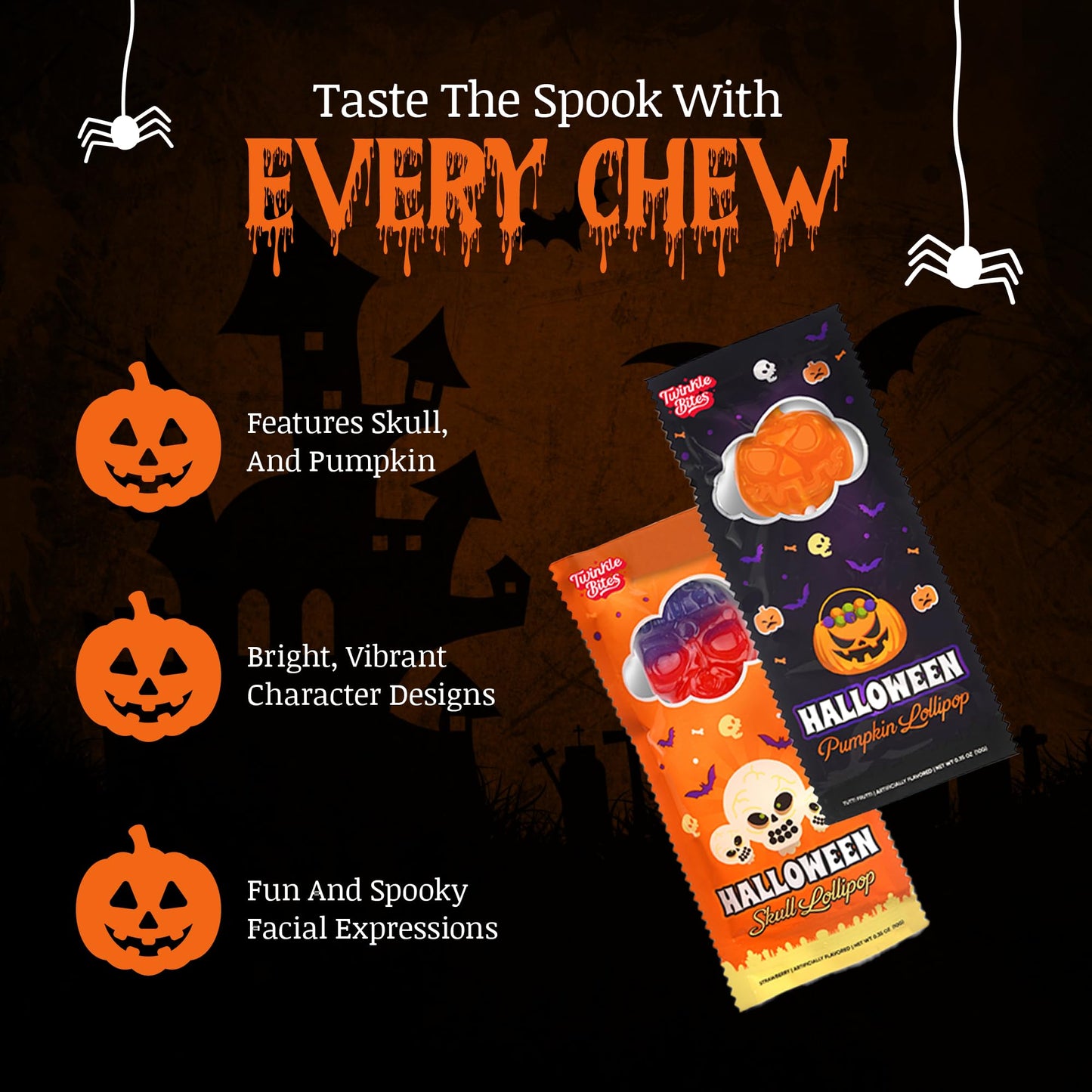 50 Pack Halloween Lollipops - Individually Wrapped Pumpkin And Skull Suckers - Strawberry And Tutti Frutti Delicious Candys - Bulk Candys Great Use  For Kids  Party Favor  Classrooms  Goodie Bags