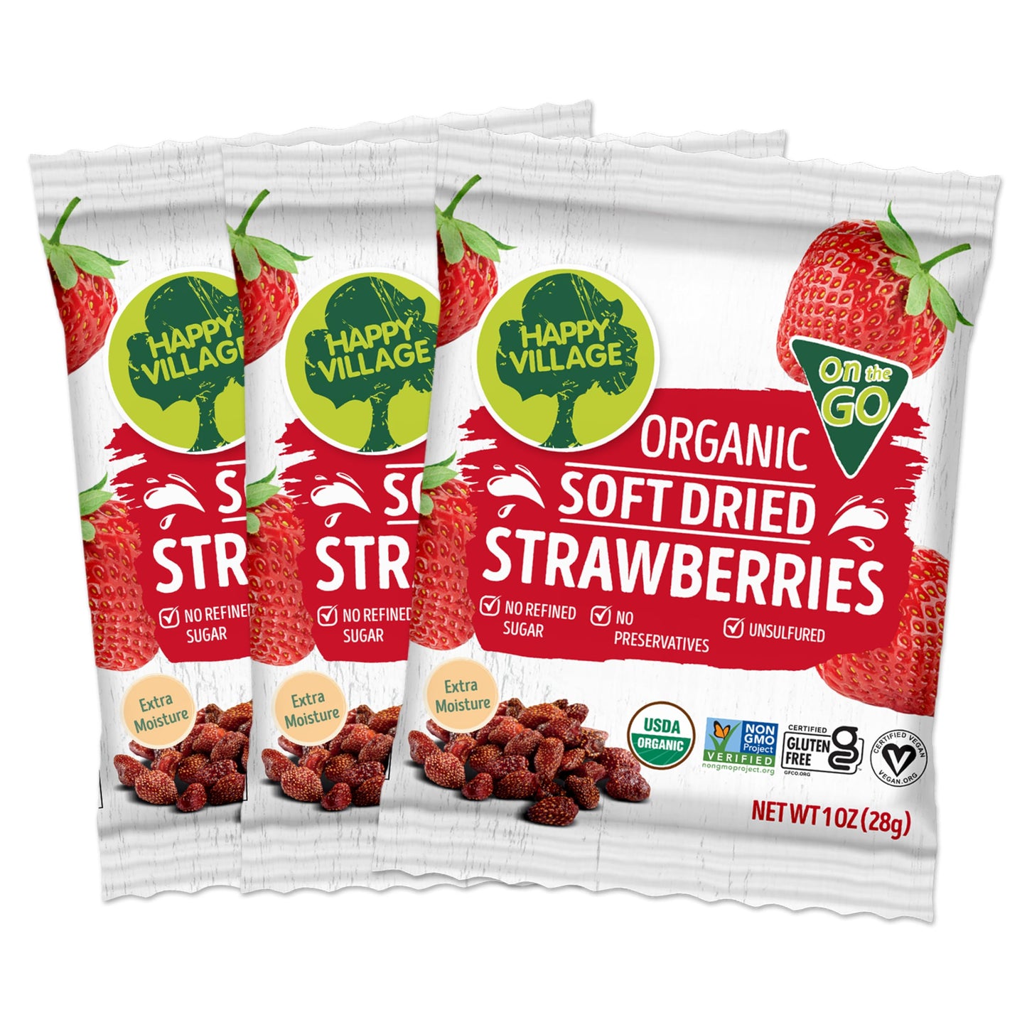 Happy Village Organic Soft Dried Strawberries On The Go - 3 Bags (15 Individual Portion Packs) | Healthy, Organic, Non-Gmo, Vega