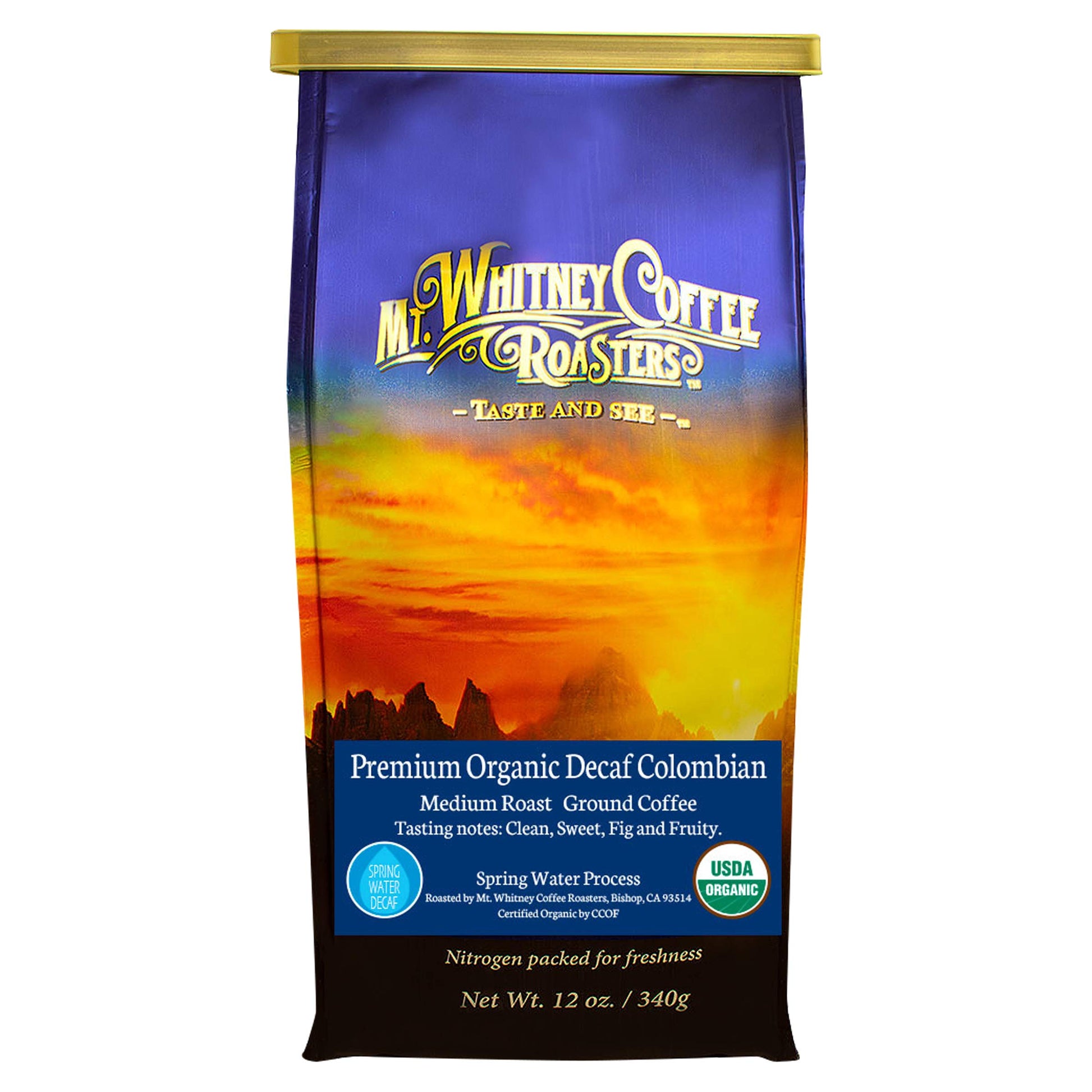 Mt. Whitney Coffee Roasters Decaf Coffee, Medium Dark Roast, Low Acid, Ground, 12 Oz