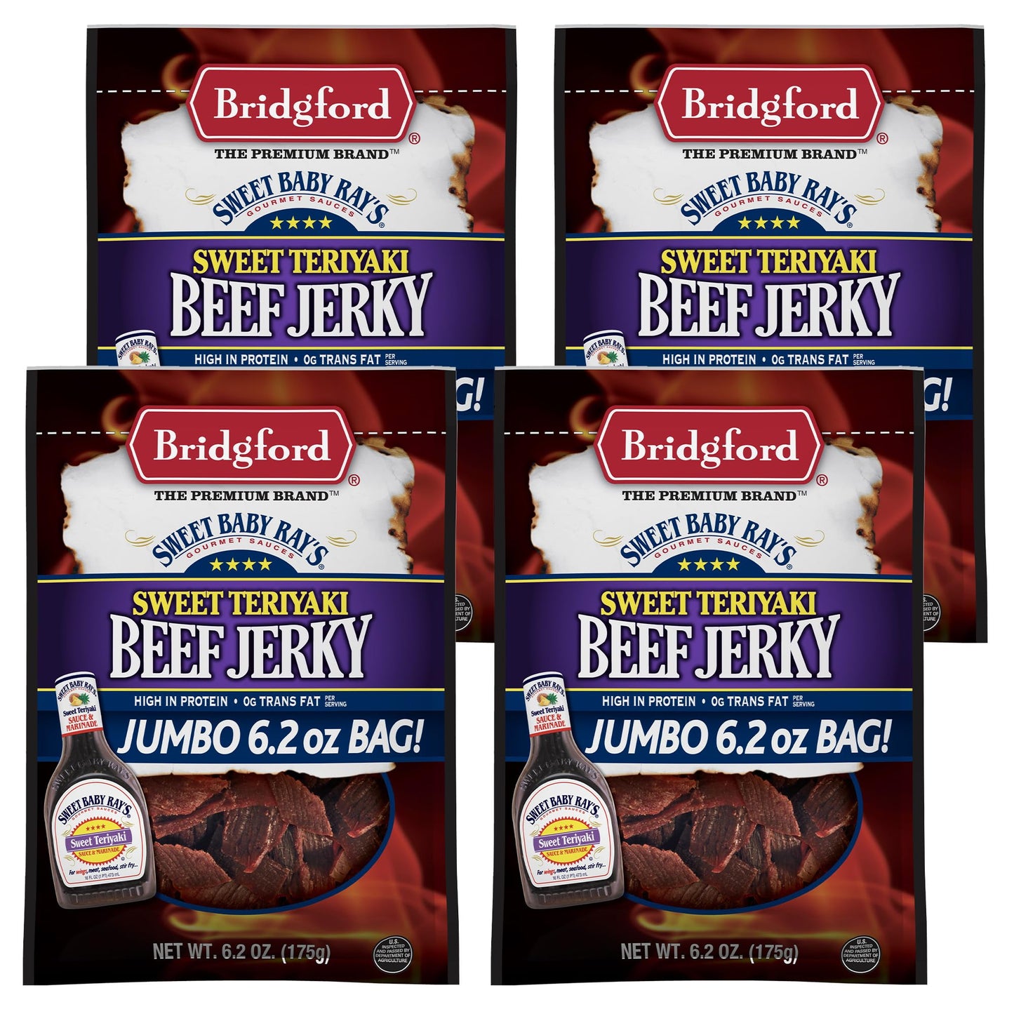 Bridgford Sweet Baby Rays Beef Jerky Sweet Teriyaki 6.2 oz Pack of 4 - High Protein Snacks for Low Carb and High Protein Diets -