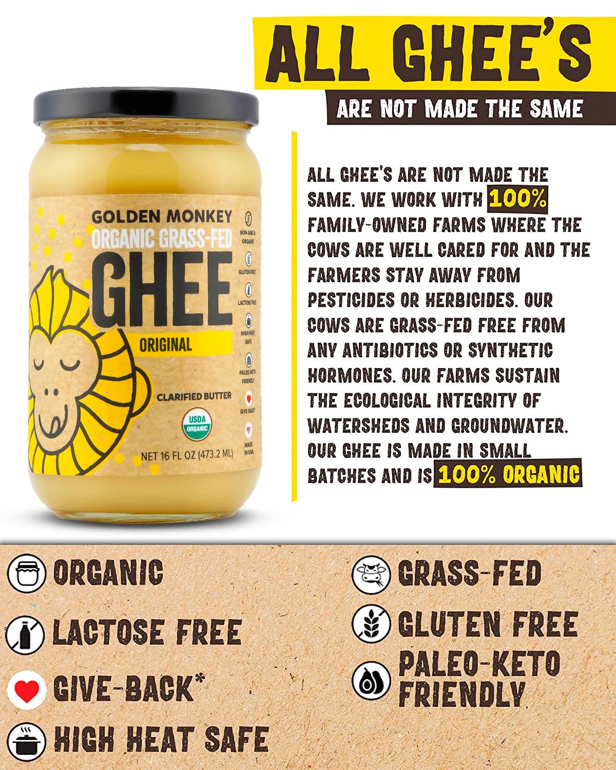 Organic Ghee Butter Grass Fed Clarified - 16 Oz Ghee Butter - Unsalted Butter Certified Organic Ghee Oil - Perfect For Paleo, Ke