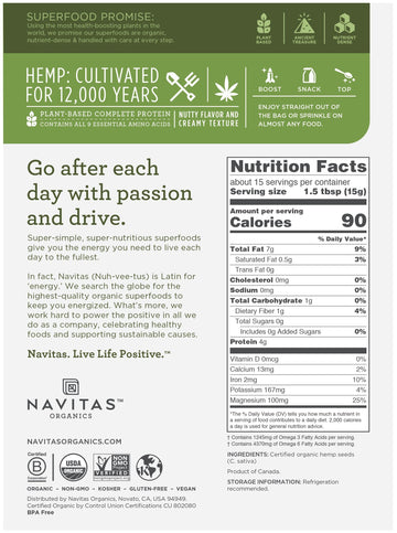 Navitas Organics Raw Hemp Seeds, 8 Oz. (2-Pack) 30 Servings - Organic, Non-Gmo, Low Temp-Hulled, Gluten-Free