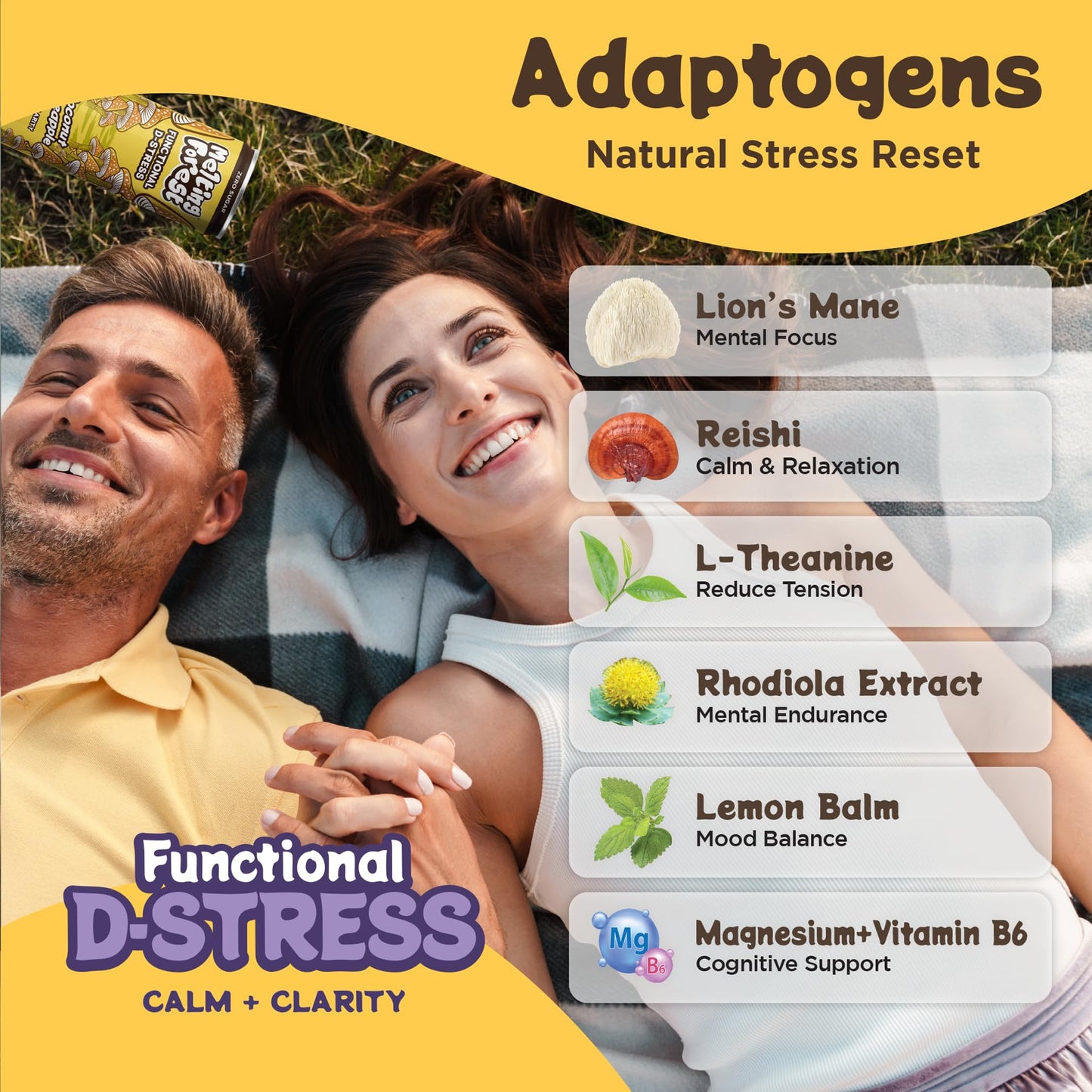 Melting Forest Mushroom D-Stress  Sparkling Adaptogen Drink with L-Theanine  Lions Mane and Vitamin B  Zero Sugar  5 Calories  Coconut Pineapple (12-Pack)