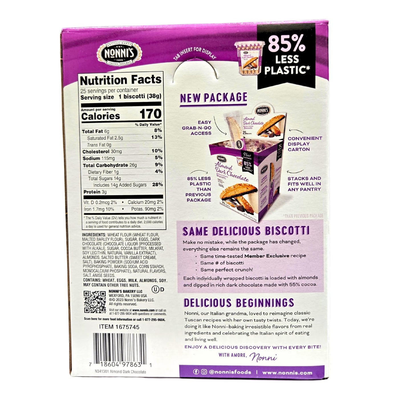 Almond Dark Chocolate Biscotti, Individually Wrapped, 25 Count, 2 Lb 1.25 Oz Per Box, 2-Box Bundle, Premium 55% Cocoa, Roasted A