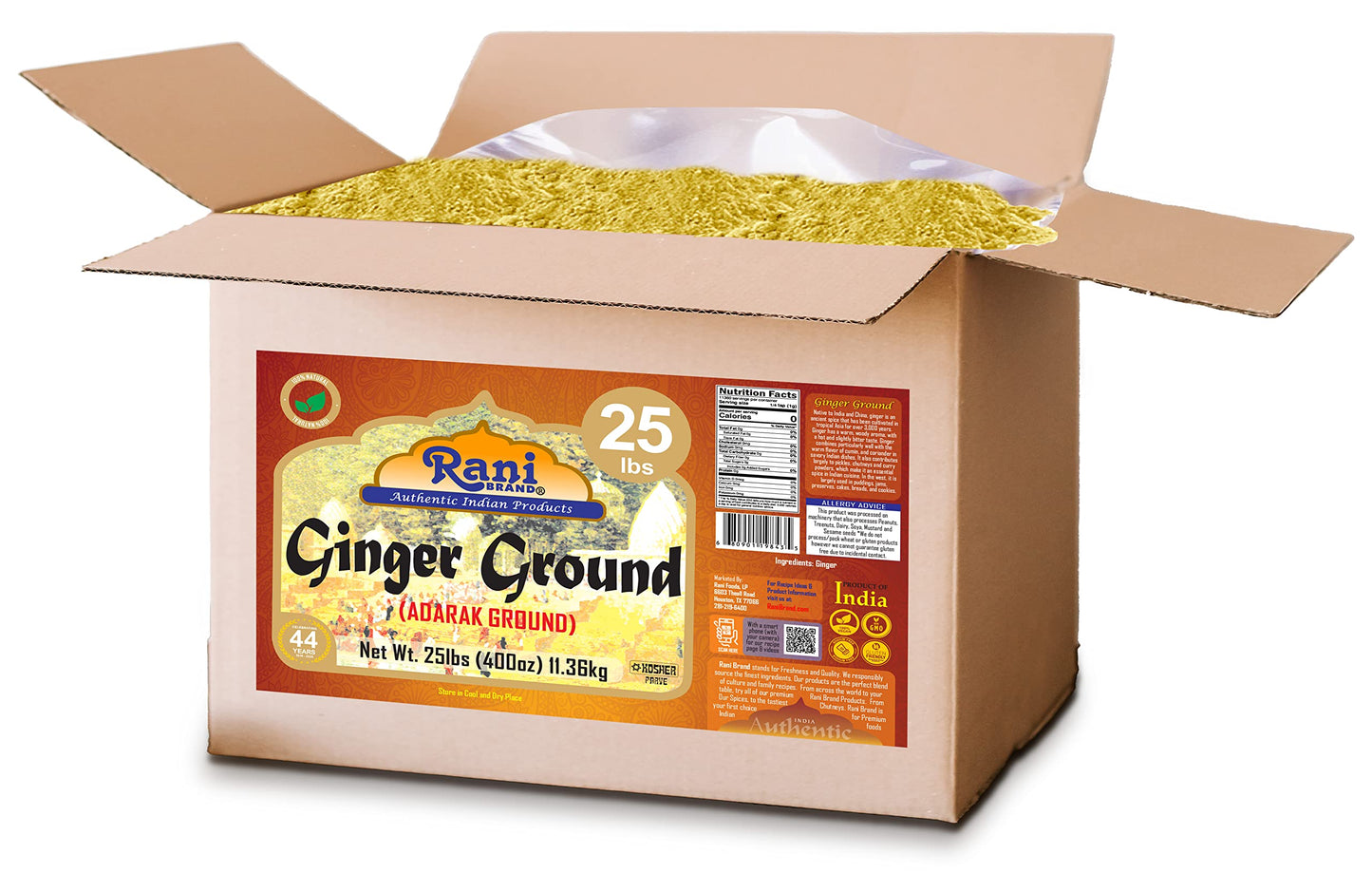 Rani Ginger (Adarak) Powder Ground, Spice 400Oz (25Lb) 11.36Kg Bulk Box ~ All Natural | Vegan | Gluten Friendly | Non-Gmo | Indi