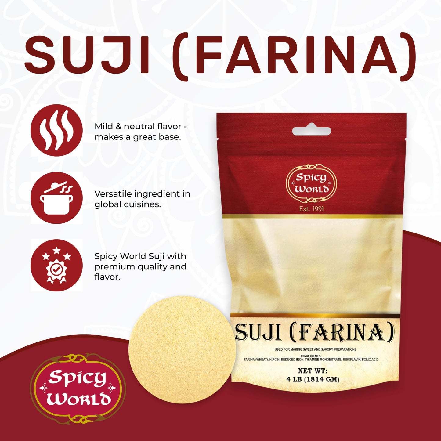Spicy World Farina Wheat Cereal - Sooji, Rava - 64 Ounce BULK Bag - Grown in the USA
