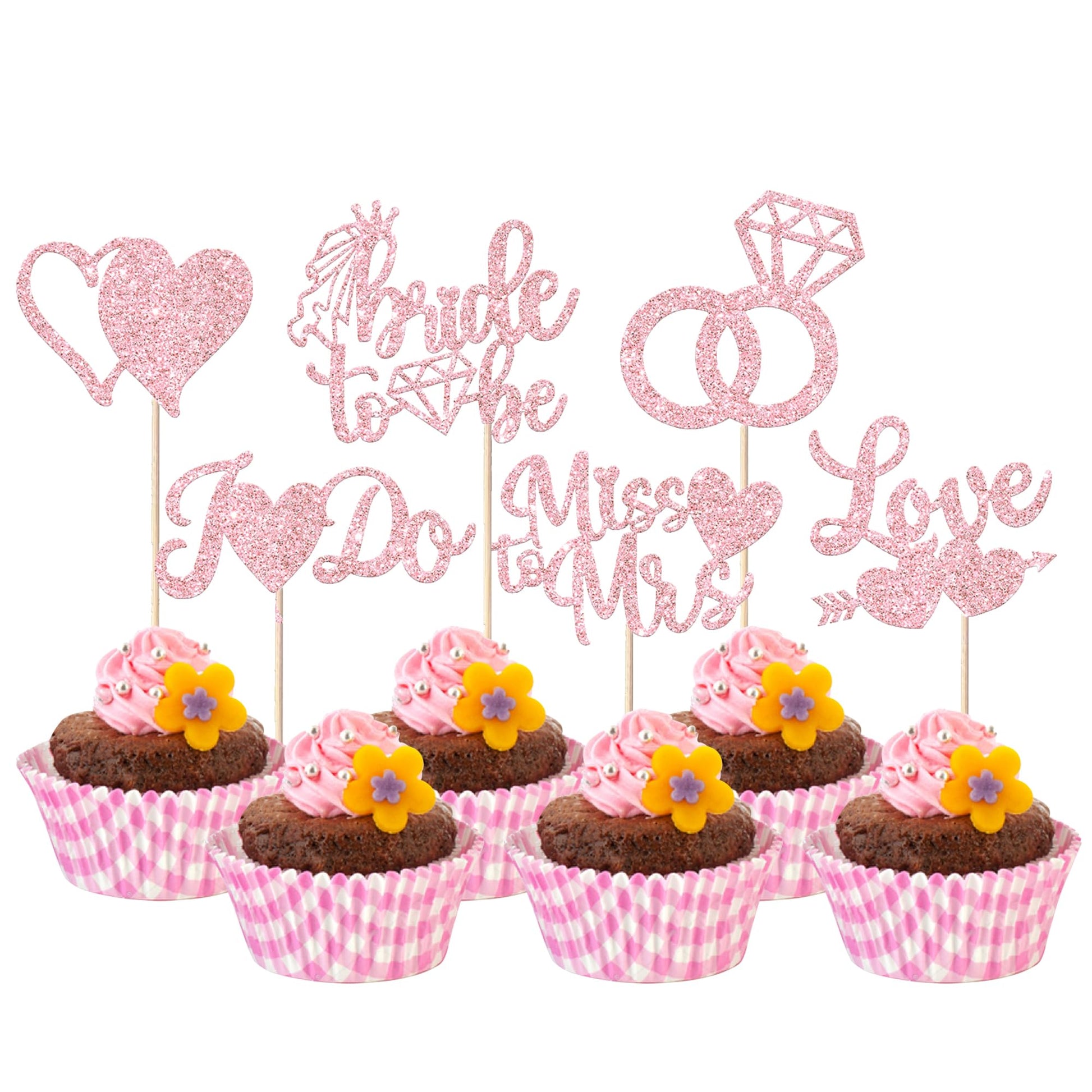 YCTHUNFISH Bridal Shower Cupcake Toppers, 36 Pack Glitter Diamond Ring Picks, Light Pink, Bamboo Decorations for Engagement and Bachelorette Party
