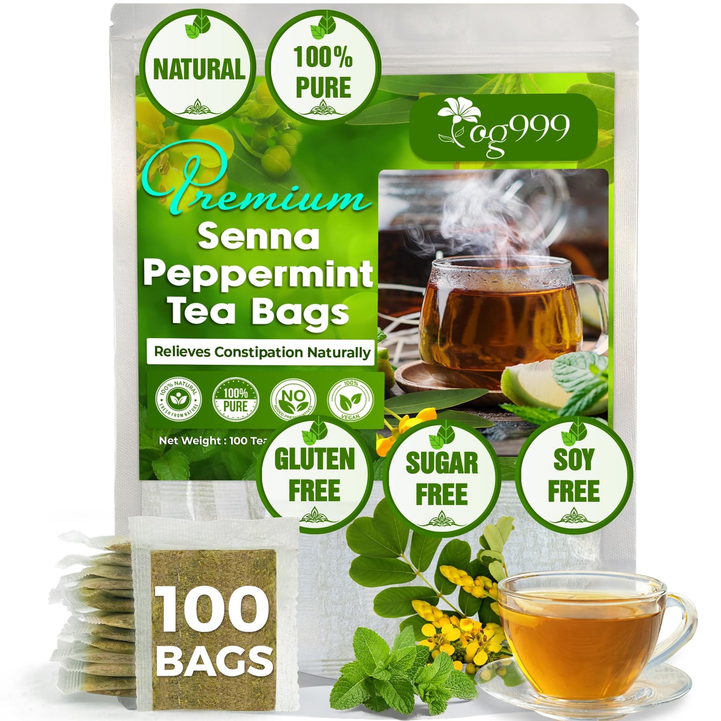 TOG999 Herbal Tea Bags - Natural Blend of Senna, Peppermint, Licorice, Fennel - 100 Bags, Vegan, No Sugar, Caffeine, Gluten