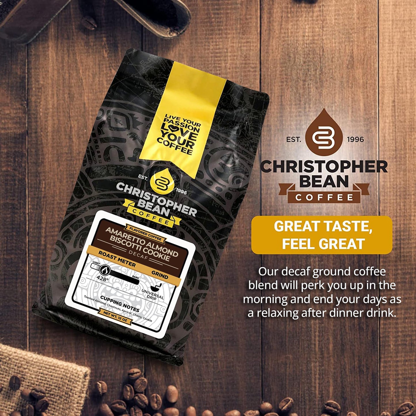 Christopher Bean Coffee - Certified Kosher, Decaf Ground Universal Drip Amaretto Almond Biscotti Coffee | Amaretto Flavored Medium Roast Coffee 100% Arabica, No Sugar, No Fats, Non-Gmo | 10-Ounce