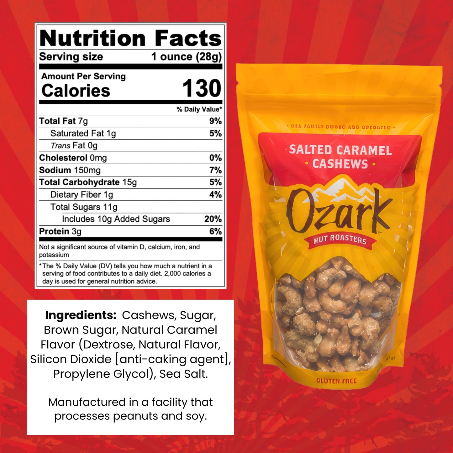 Ozark Nut Roasters Salted Caramel Cashews, Gluten-Free Gourmet Snack Nuts, 14 oz