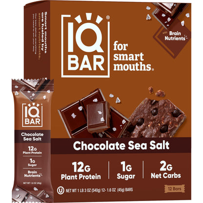 IQBAR Brain and Body Plant Protein Bars - Chocolate Sea Salt - 12 Count, Low Carb, High Fiber, Gluten Free, Vegan Snacks - Low S