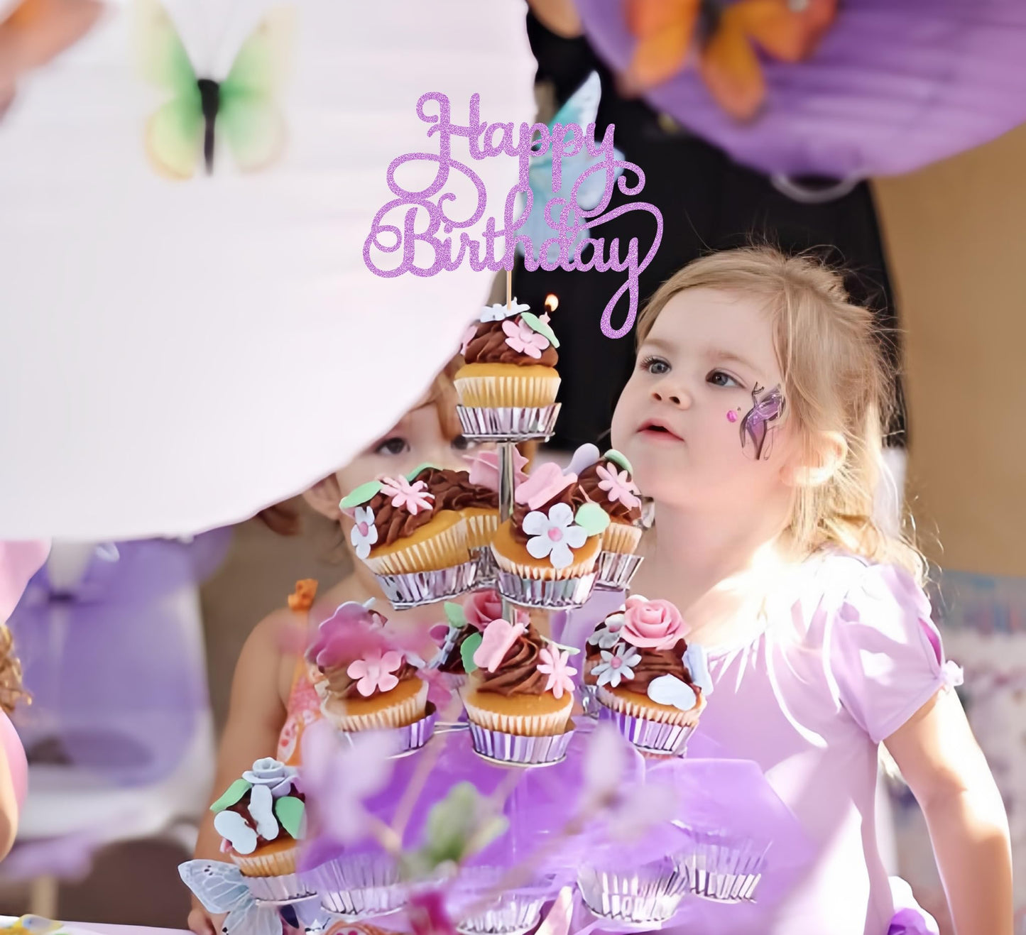 EONNCNT Happy Birthday Cake Topper - Purple Glitter - 6.3x8.2 inches - Paper Material