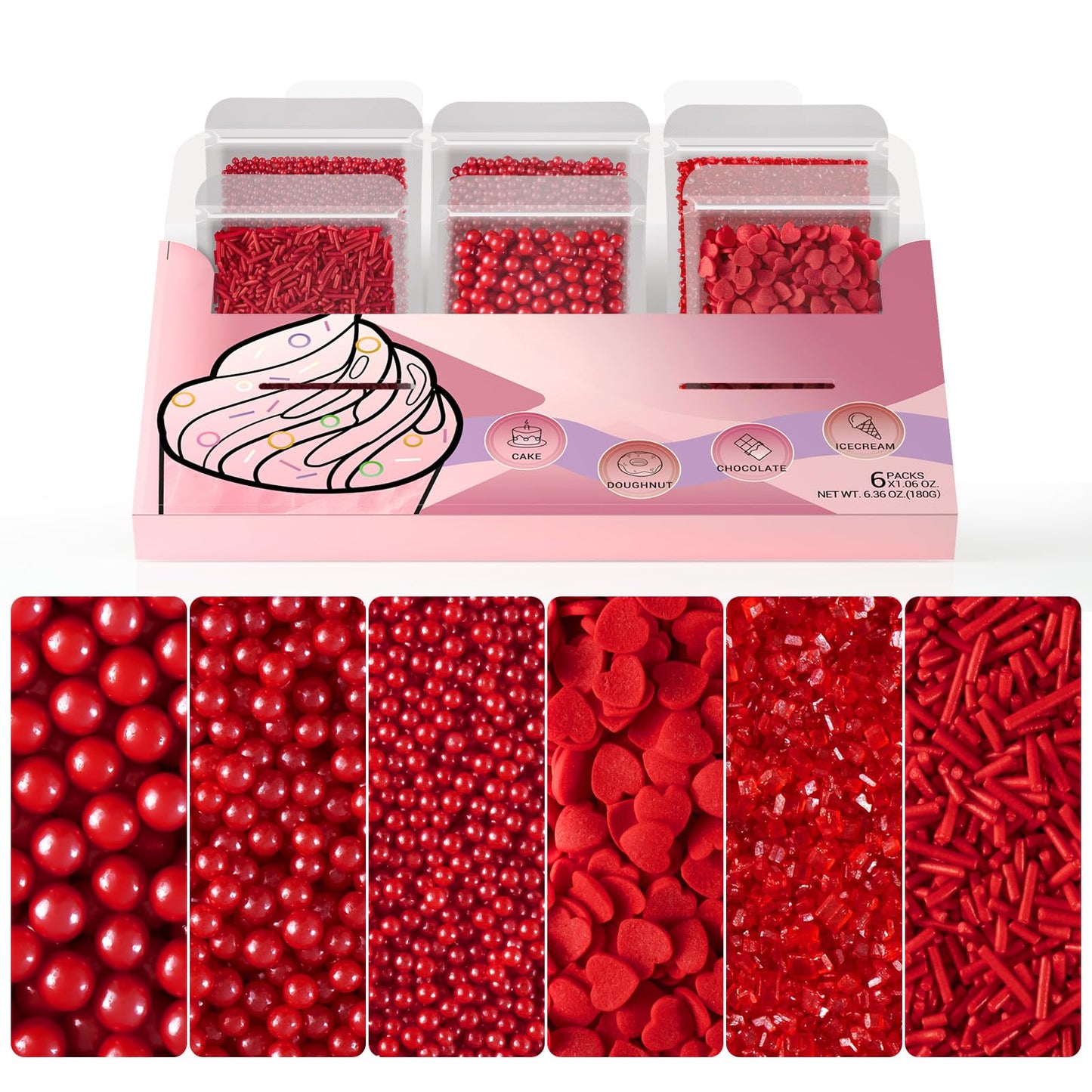 HUEBEATY 6-in-1 Red Edible Pearls Sugar Sprinkles for Cakes, Cookies, Cupcakes and Ice Cream Decorating | 180g/6.36oz | Christma