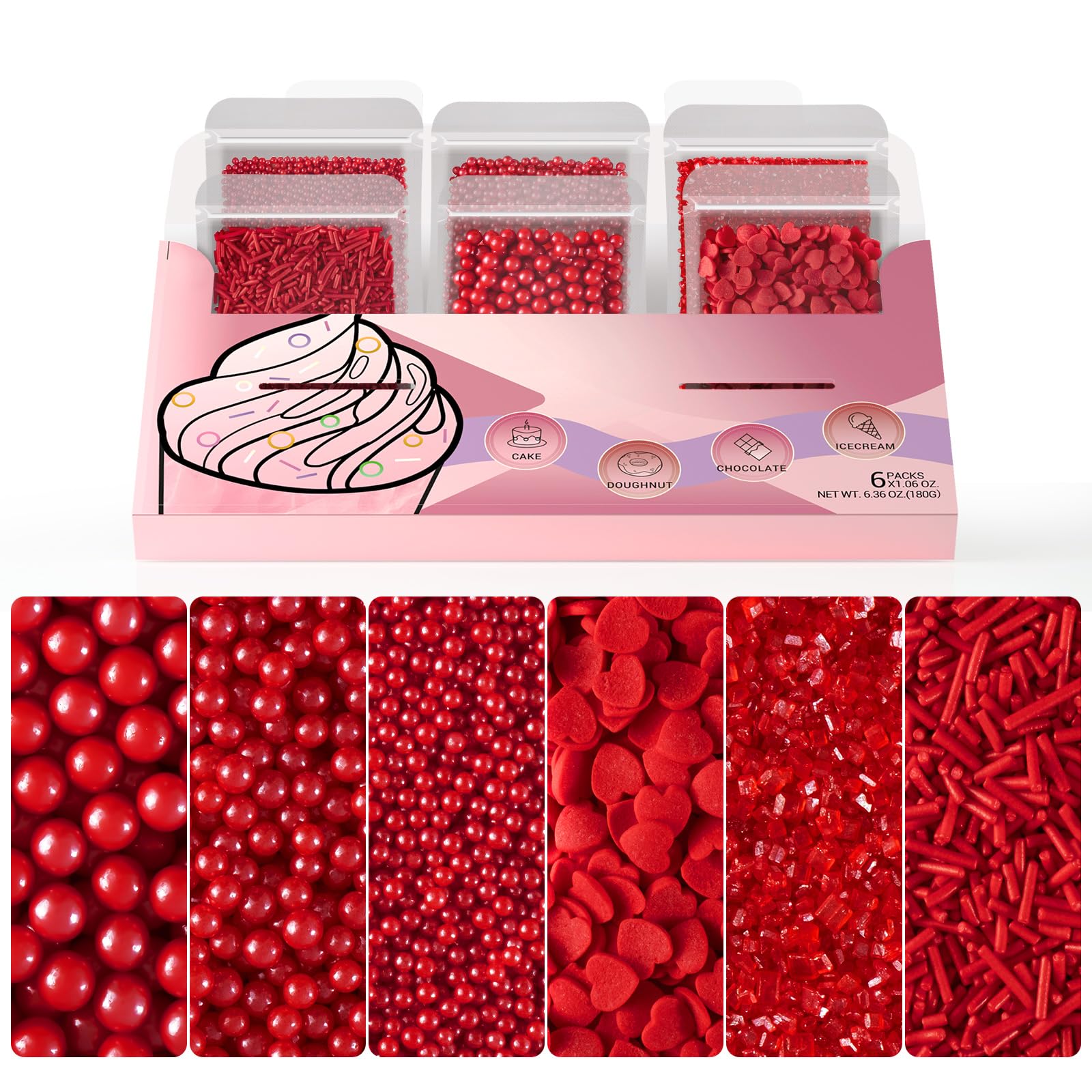 HUEBEATY 6-in-1 Red Edible Pearls Sugar Sprinkles for Cakes, Cookies, Cupcakes and Ice Cream Decorating | 180g/6.36oz | Christma