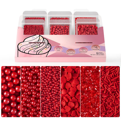 HUEBEATY 6-in-1 Red Edible Pearls Sugar Sprinkles for Cakes, Cookies, Cupcakes and Ice Cream Decorating | 180g/6.36oz | Christma