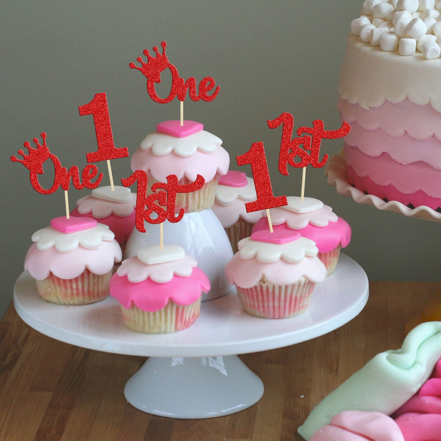 24Pcs 1st Birthday Cupcake Toppers Glitter First Birthday One Cupcake Picks for Baby Shower 1st Birthday Party Cake Decorations