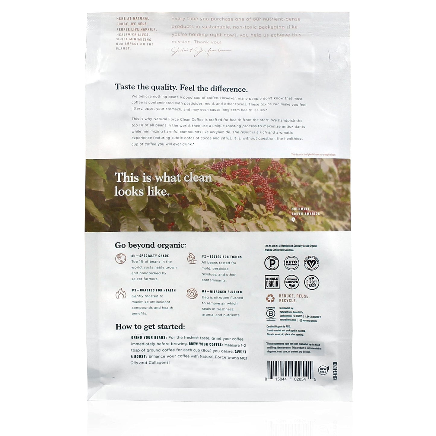 Natural Force - Organic Clean Coffee Classic  Mold & Mycotoxin Free  Lab Tested for Toxins & Purity  Low Acidity  Incredible Taste & Aroma  Whole Bean Medium Roast  12 oz