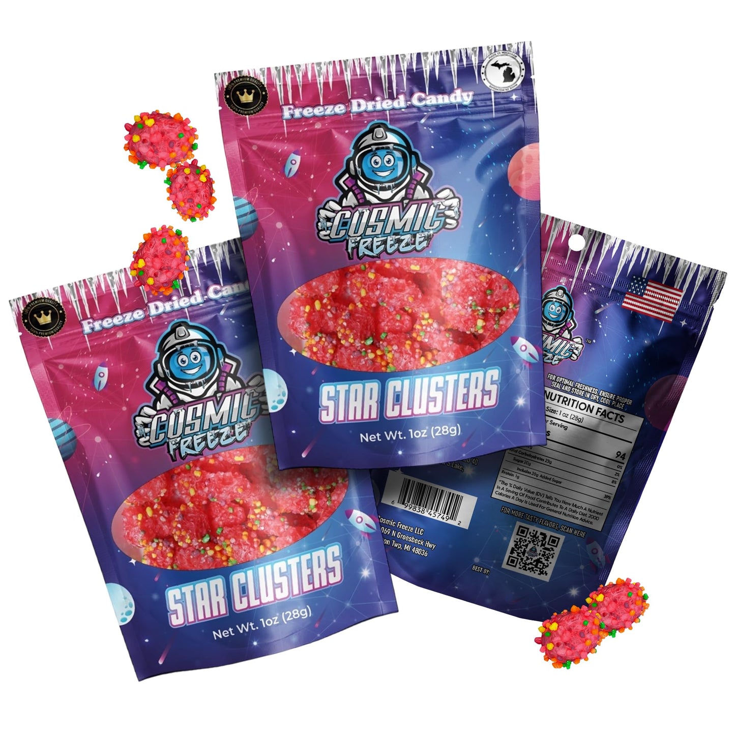 Cosmic Freeze Berry Star Clusters Dried Candy, Crunchy Dry Candy for Mix-In Snacks Dried, Gluten-Free, Made in USA, 1.0 Oz, 3-pa