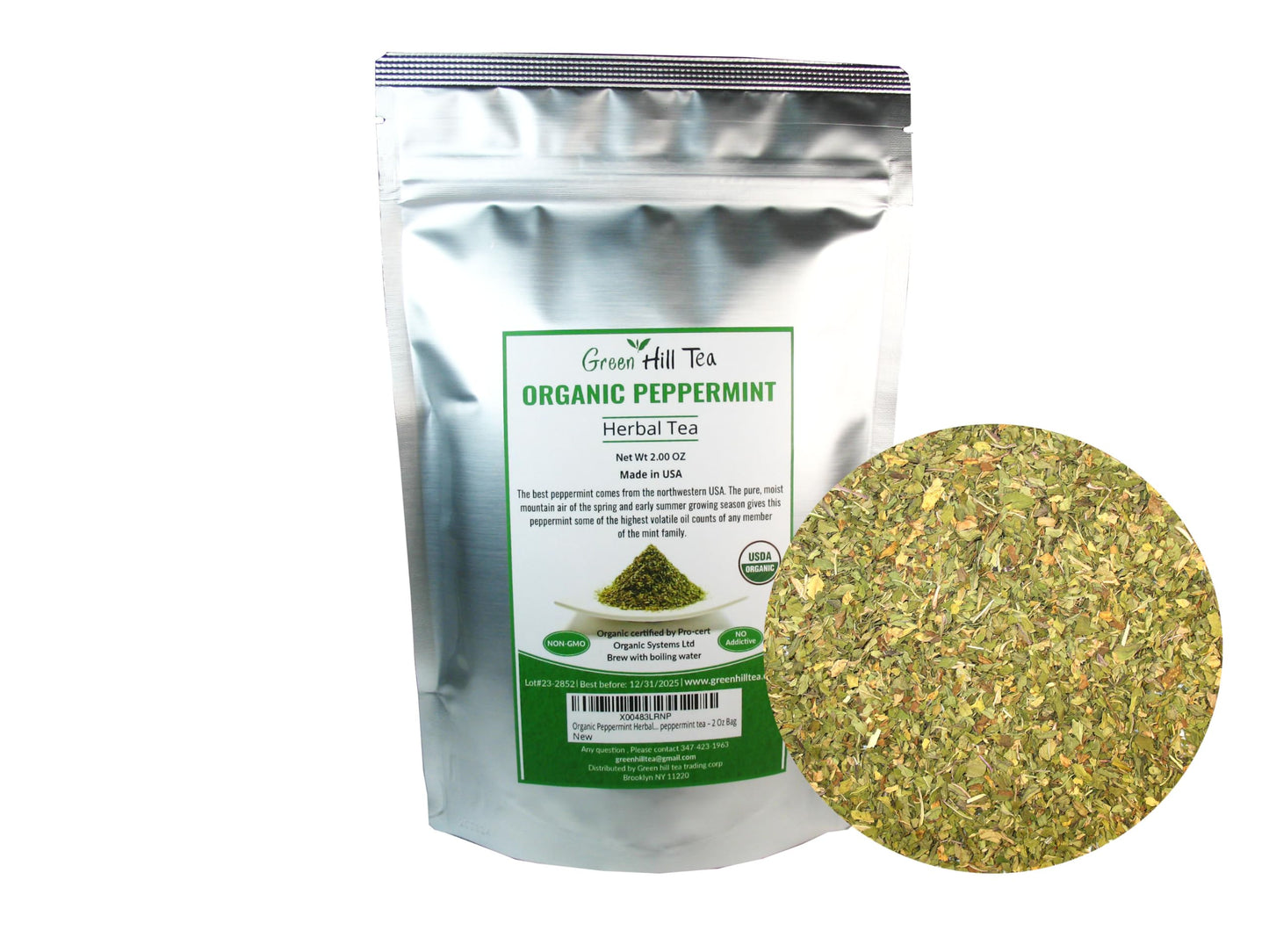 Greenhilltea Organic Peppermint Herbal Tea - Intense Flavor, 2 Oz Bag