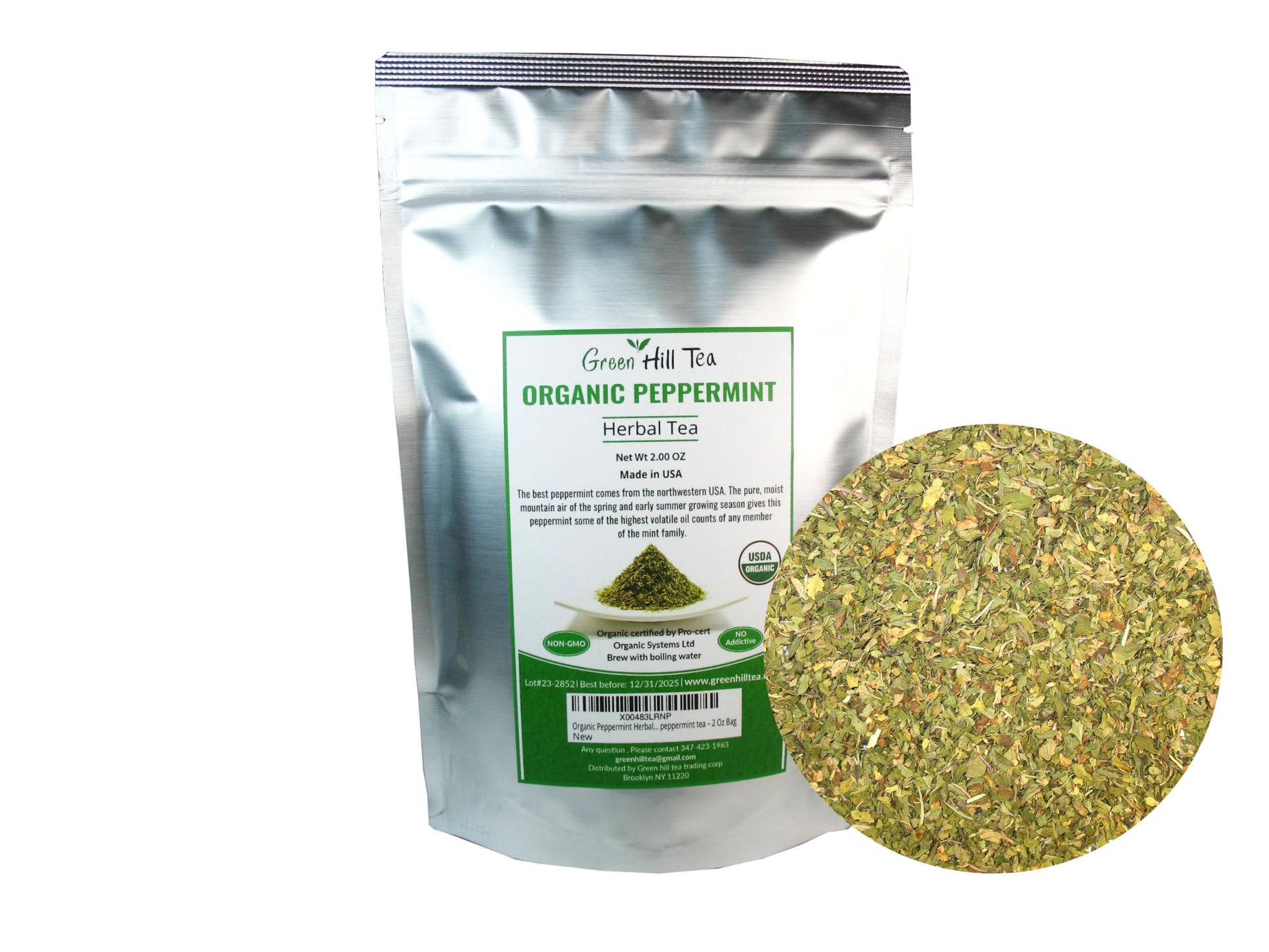 Greenhilltea Organic Peppermint Herbal Tea - Intense Flavor, 2 Oz Bag