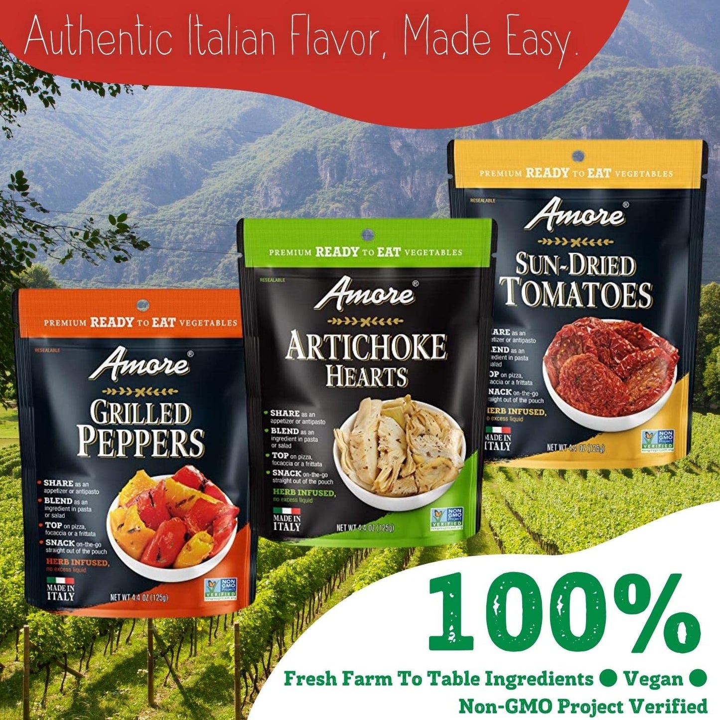 Amore Vegan Ready To Eat, Non Gmo Verified, Premium Herb Infused Sun-Dried Tomatoes (4.4Oz) - 2 Pack