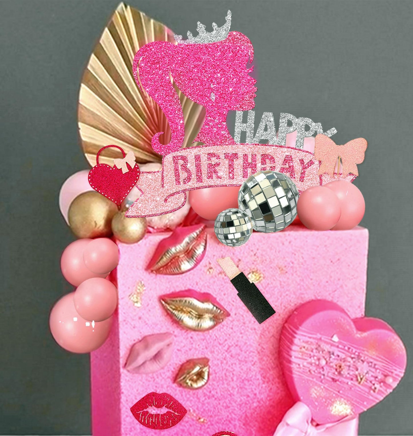 Jevenis Birthday Hot Pink Girl Birthday Cake Decoration Pink Girls Birthday Decoration Pink Balls Palm Leaves Heels Lipstick Bag